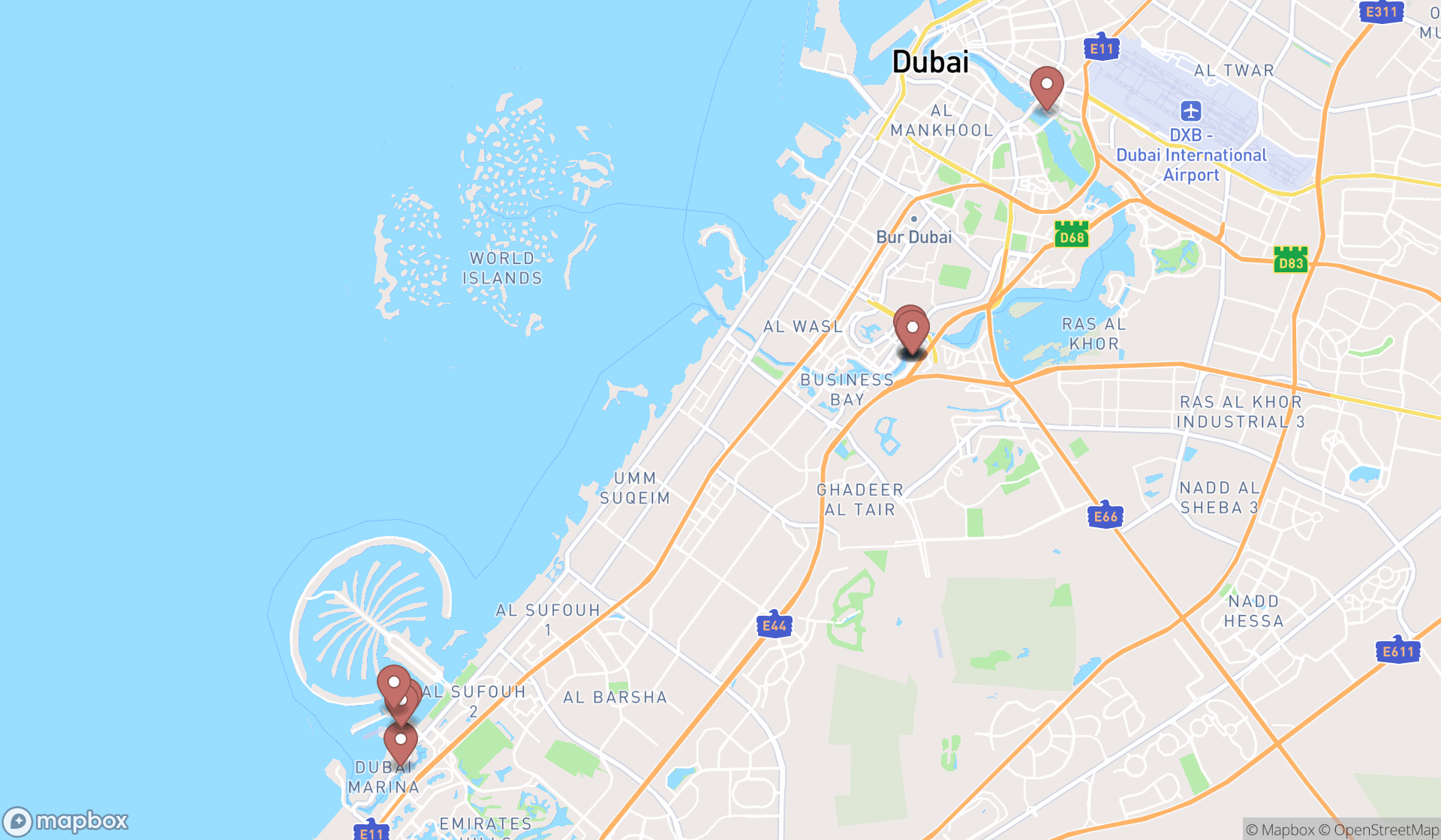 Map showing the ranked houseboat rental services in Dubai, Dubai