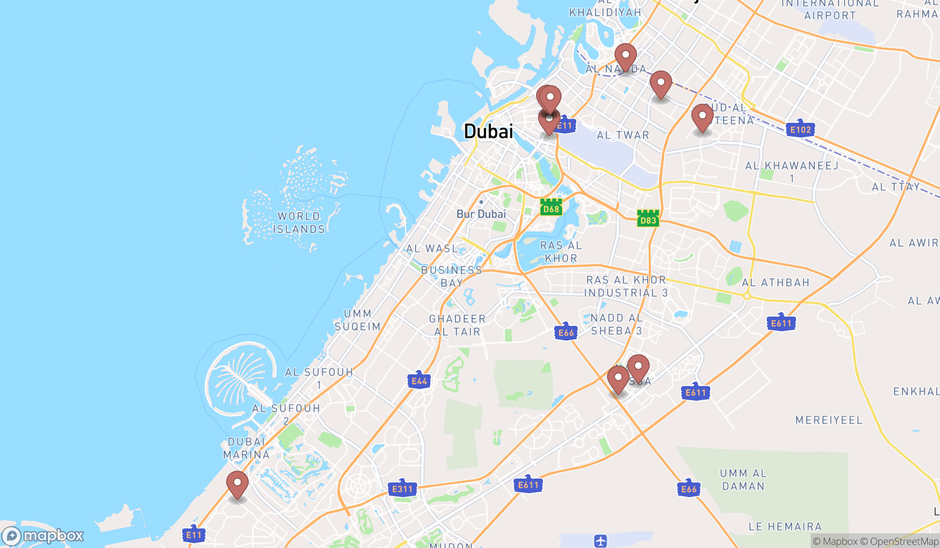 Map showing the ranked hyderabadi restaurants in Dubai, Dubai