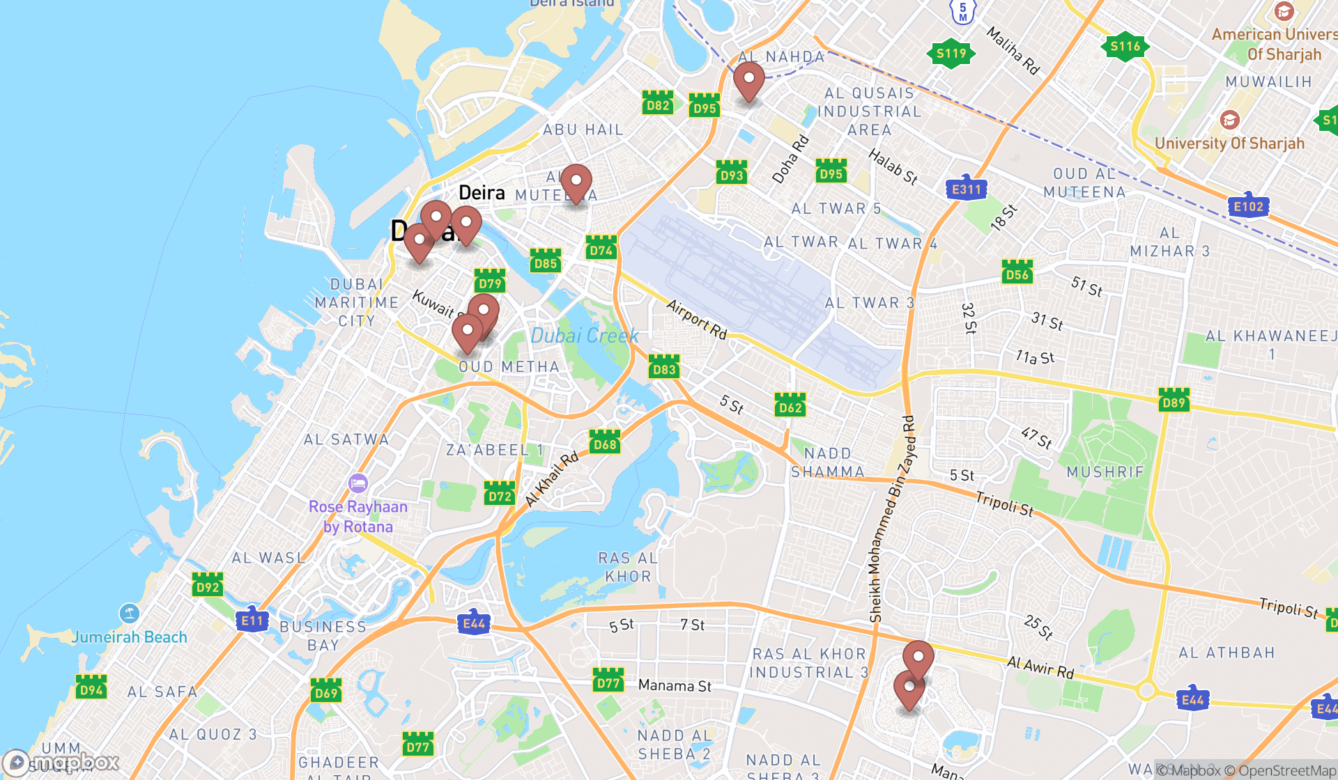 Map showing the ranked indian grocery stores in Dubai, Dubai