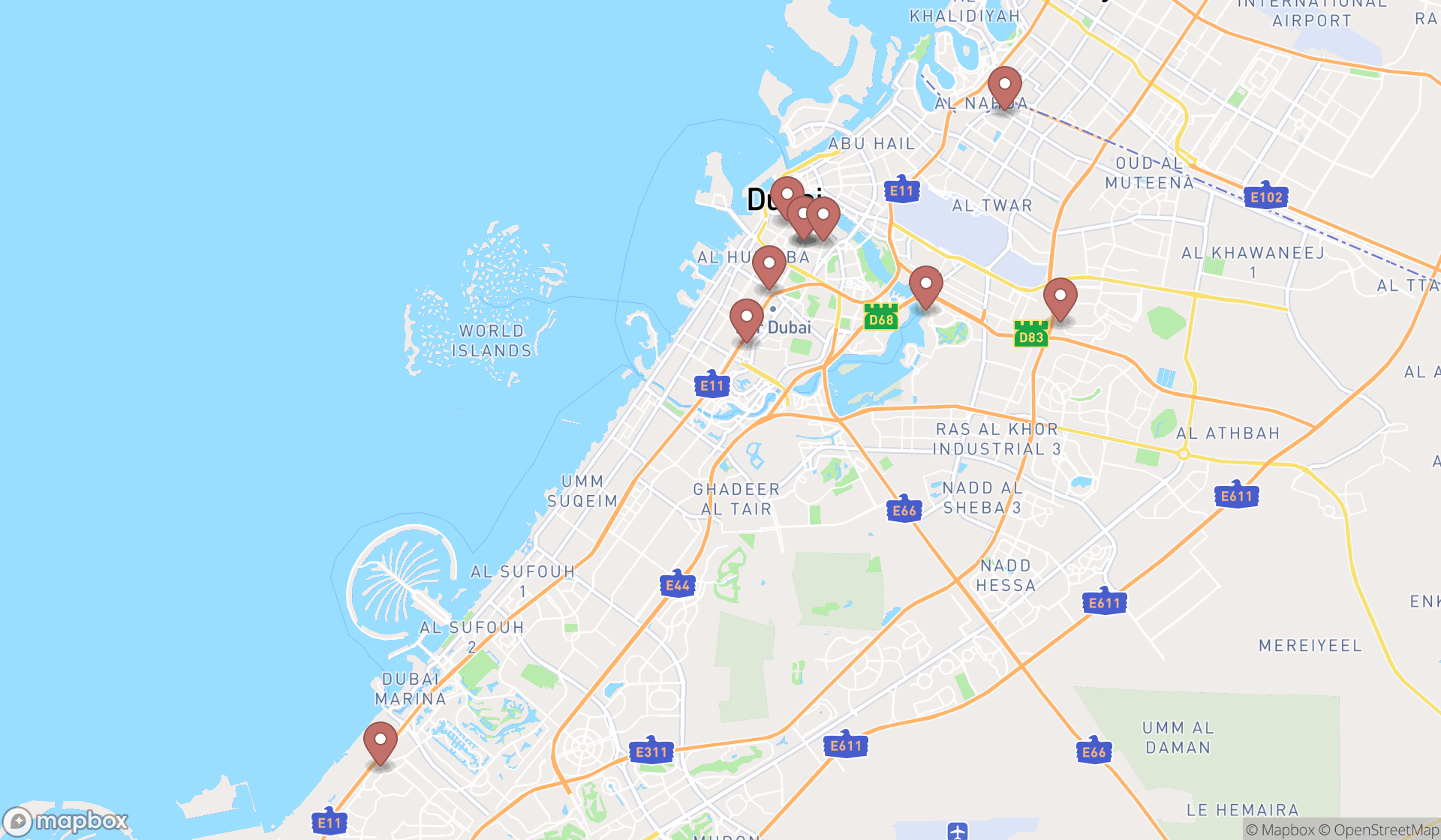 Map showing the ranked indian restaurants in Dubai, Dubai