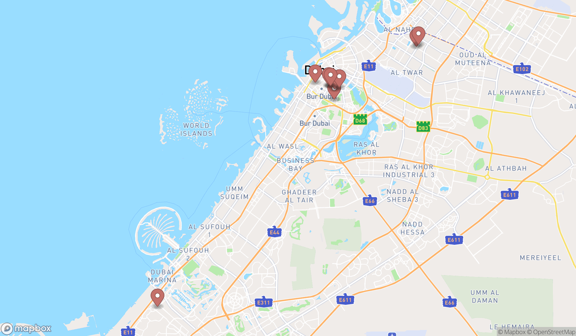 Map showing the ranked indian sweets shops in Dubai, Dubai