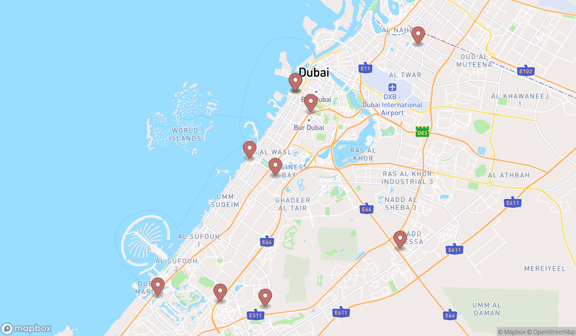Map showing the ranked indian takeaways in Dubai, Dubai