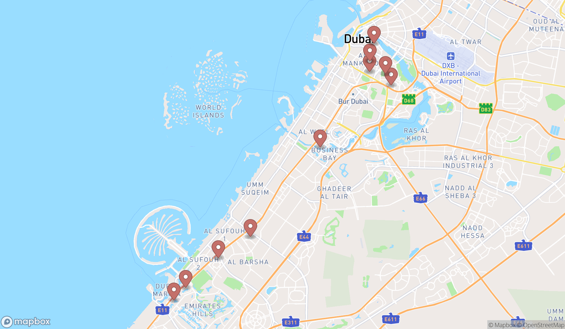Map showing the ranked indonesian restaurants in Dubai, Dubai