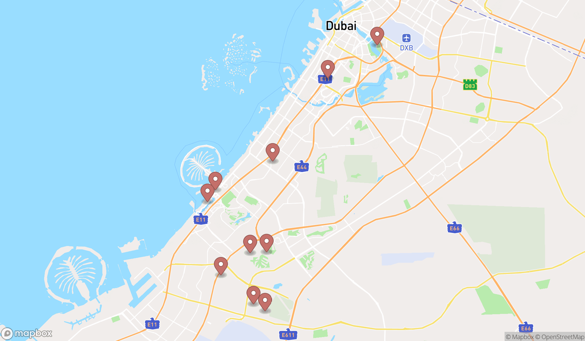Map showing the ranked indoor golf courses in Dubai, Dubai