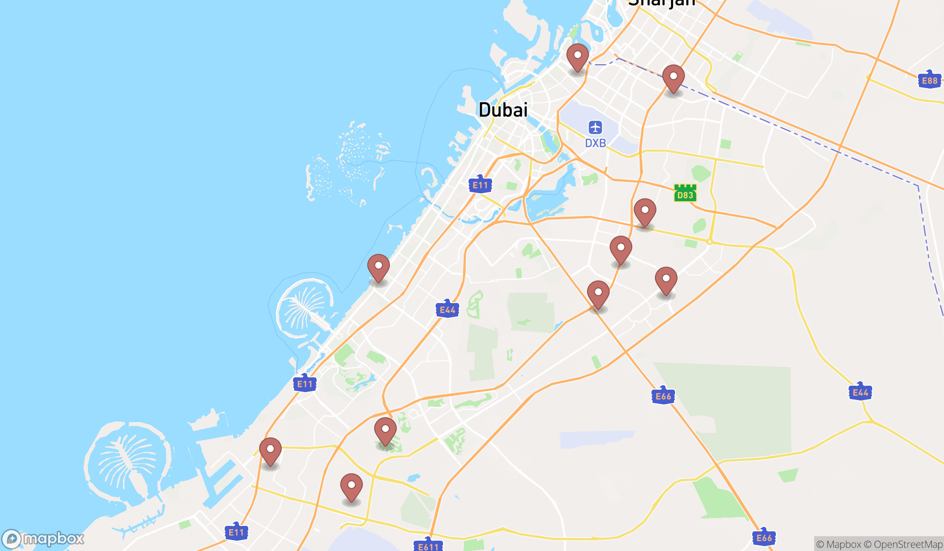 Map showing the ranked indoor lodgings in Dubai, Dubai