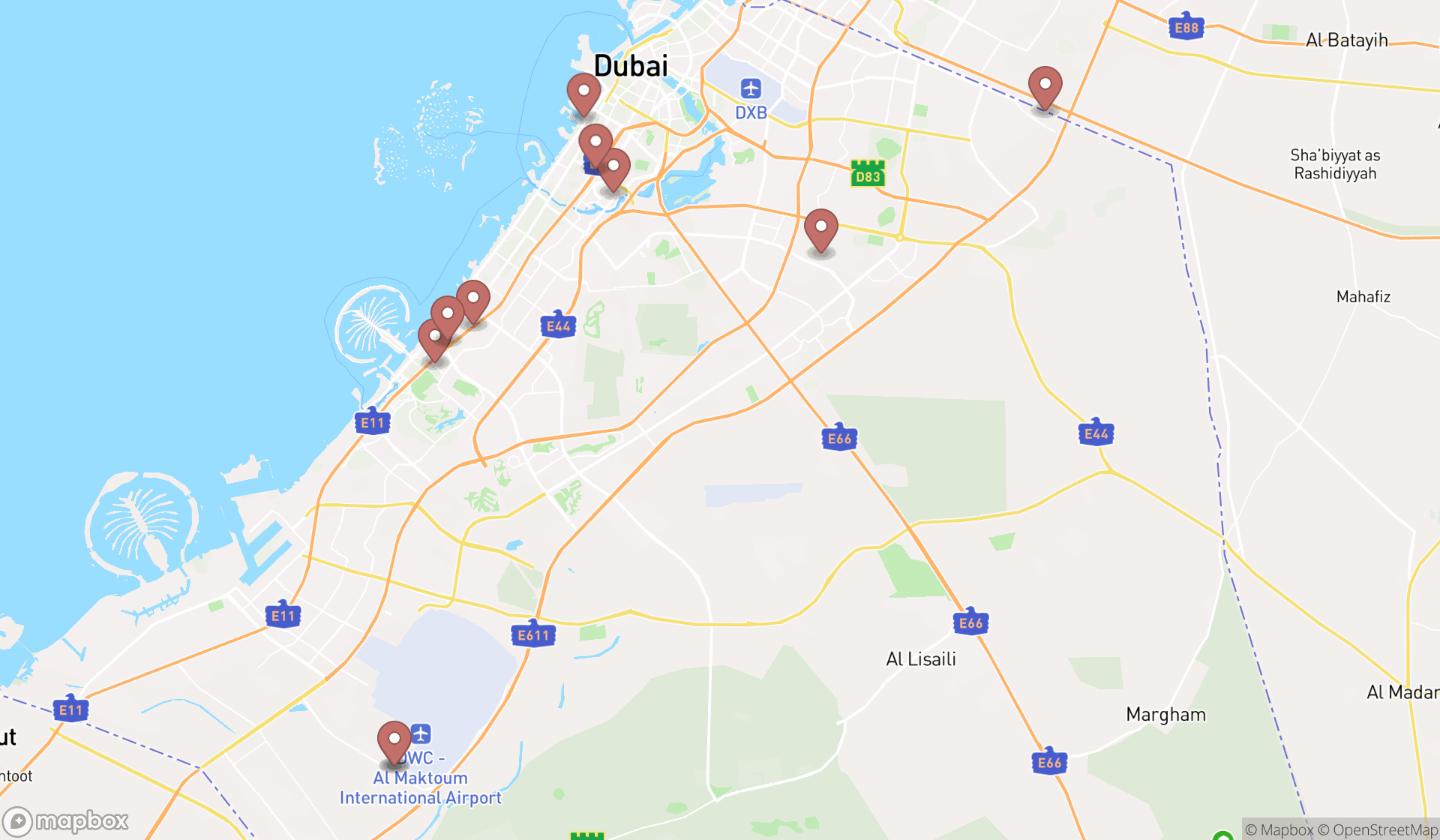 Map showing the ranked inns in Dubai, Dubai