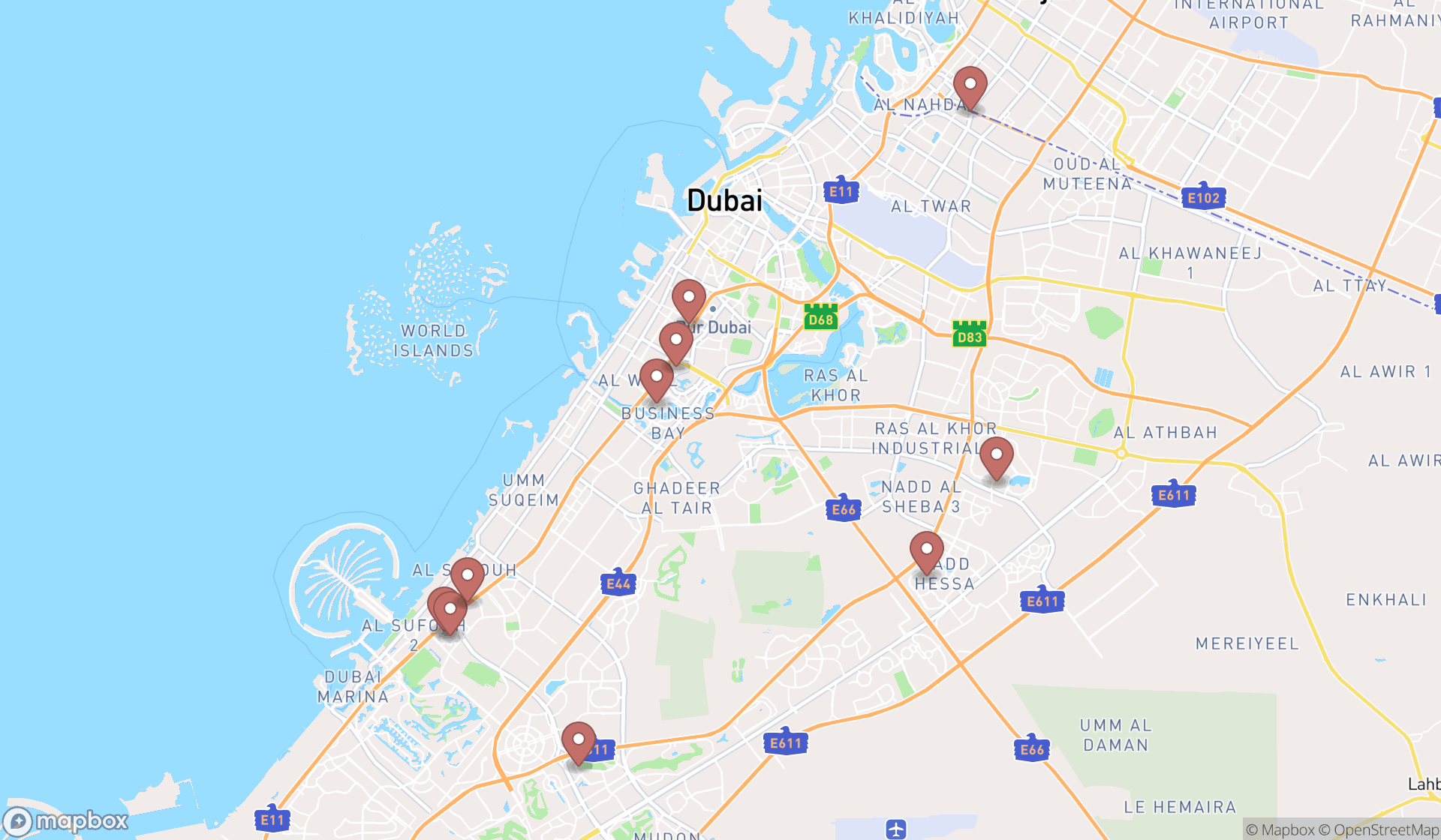 Map showing the ranked insurance agencies in Dubai, Dubai