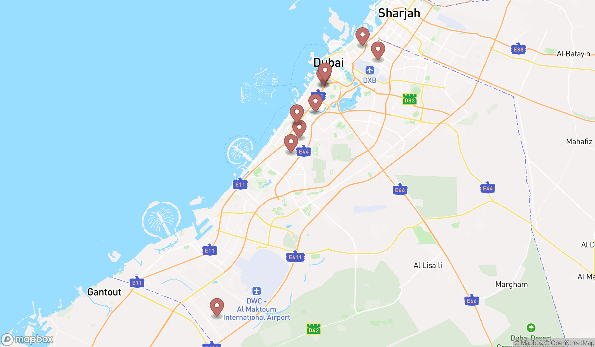 Map showing the ranked interior construction contractors in Dubai, Dubai