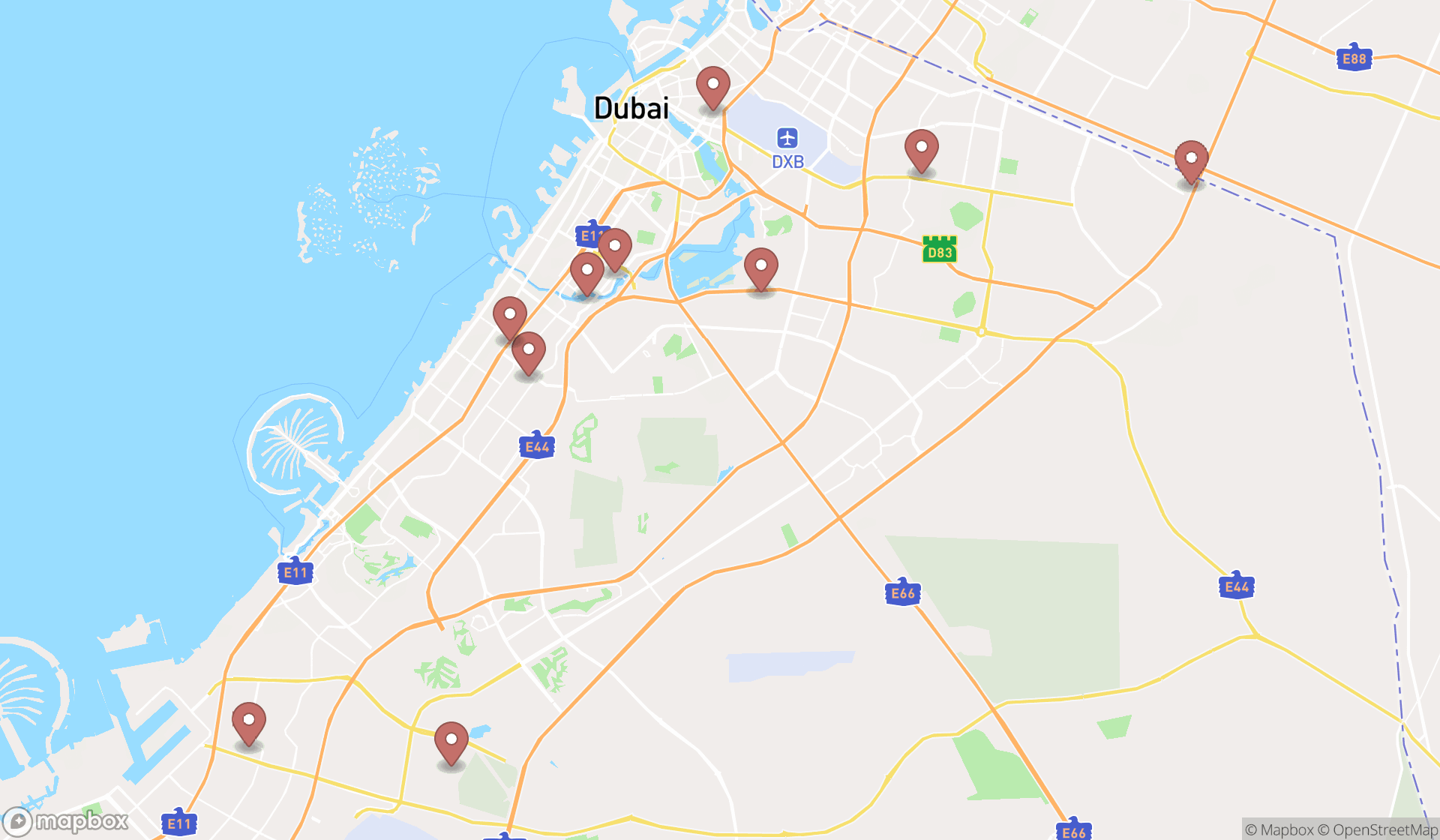Map showing the ranked interior decorators in Dubai, Dubai