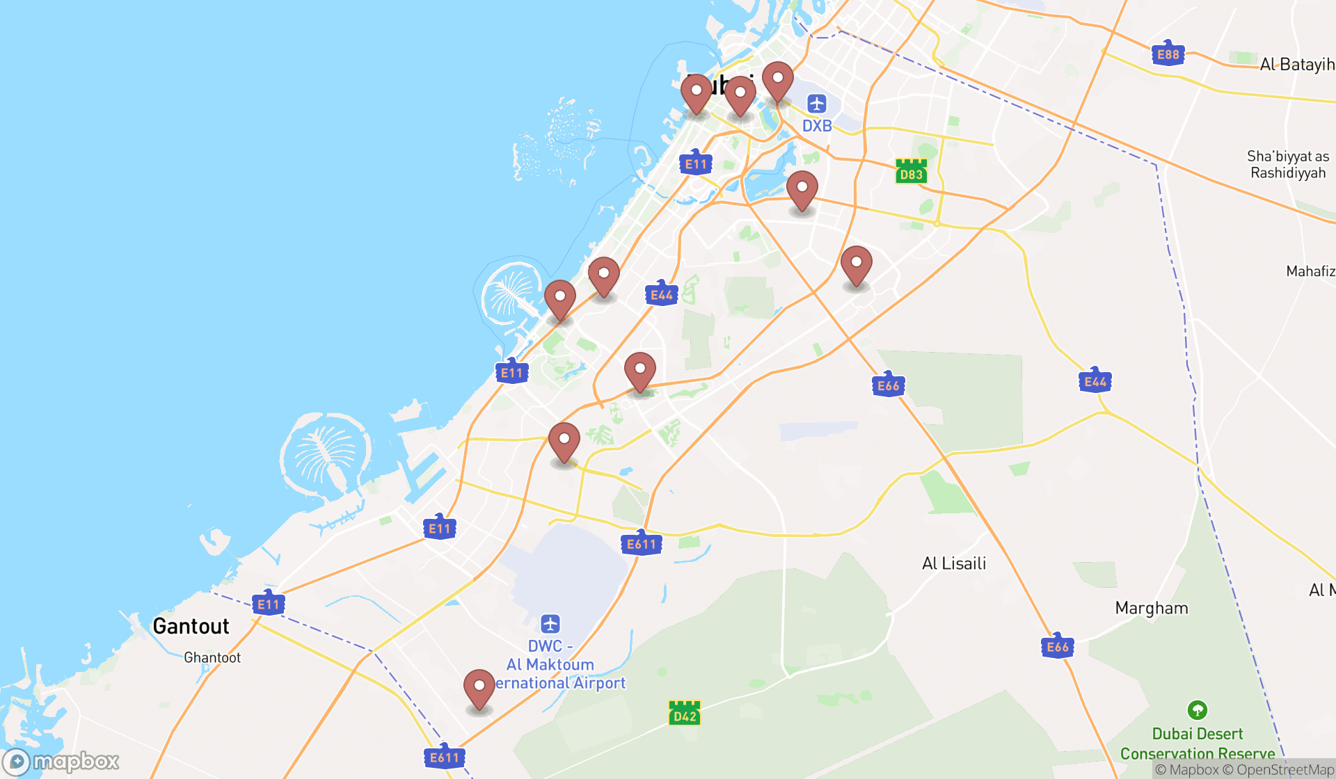 Map showing the ranked interior fitting contractors in Dubai, Dubai