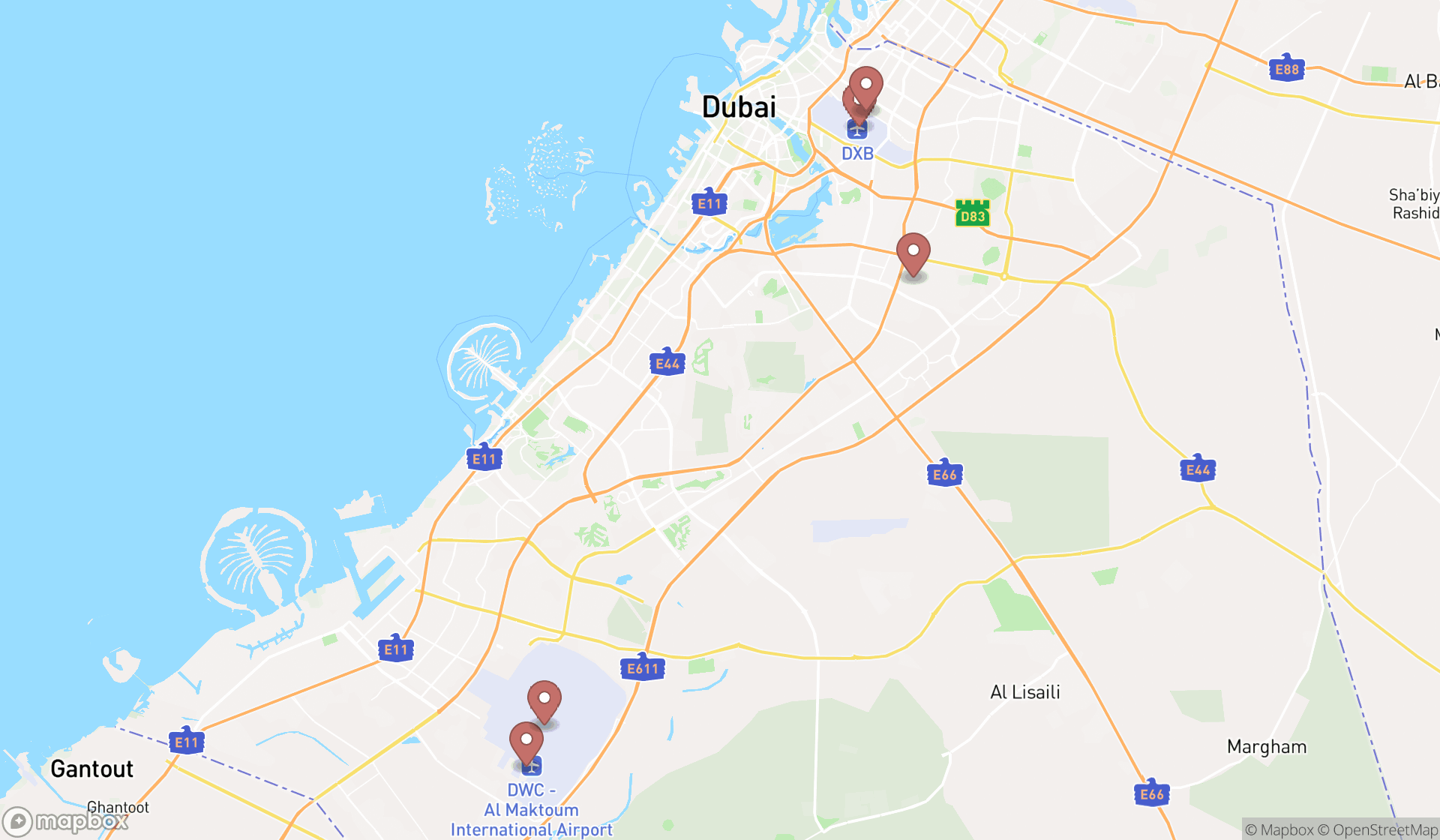 Map showing the ranked international airports in Dubai, Dubai