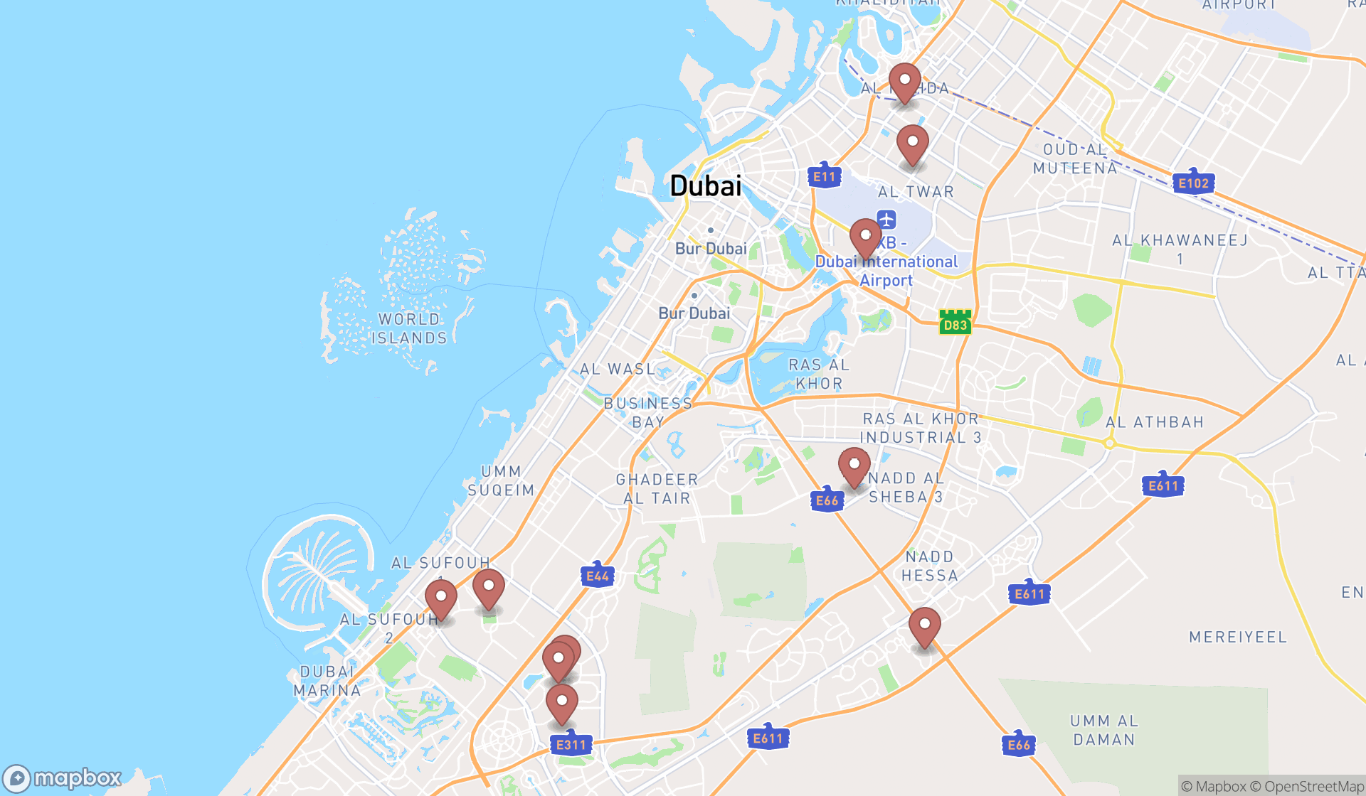 Map showing the ranked international schools in Dubai, Dubai