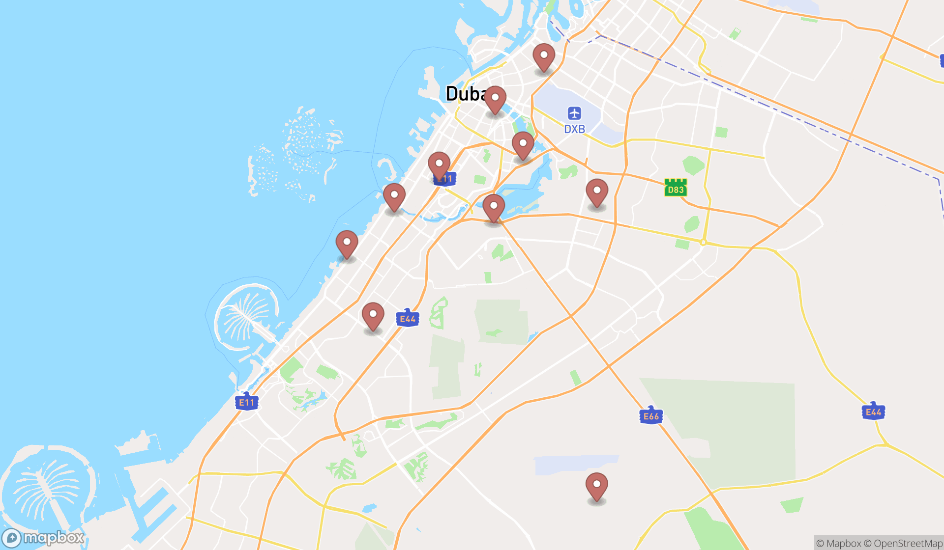 Map showing the ranked internet caves in Dubai, Dubai