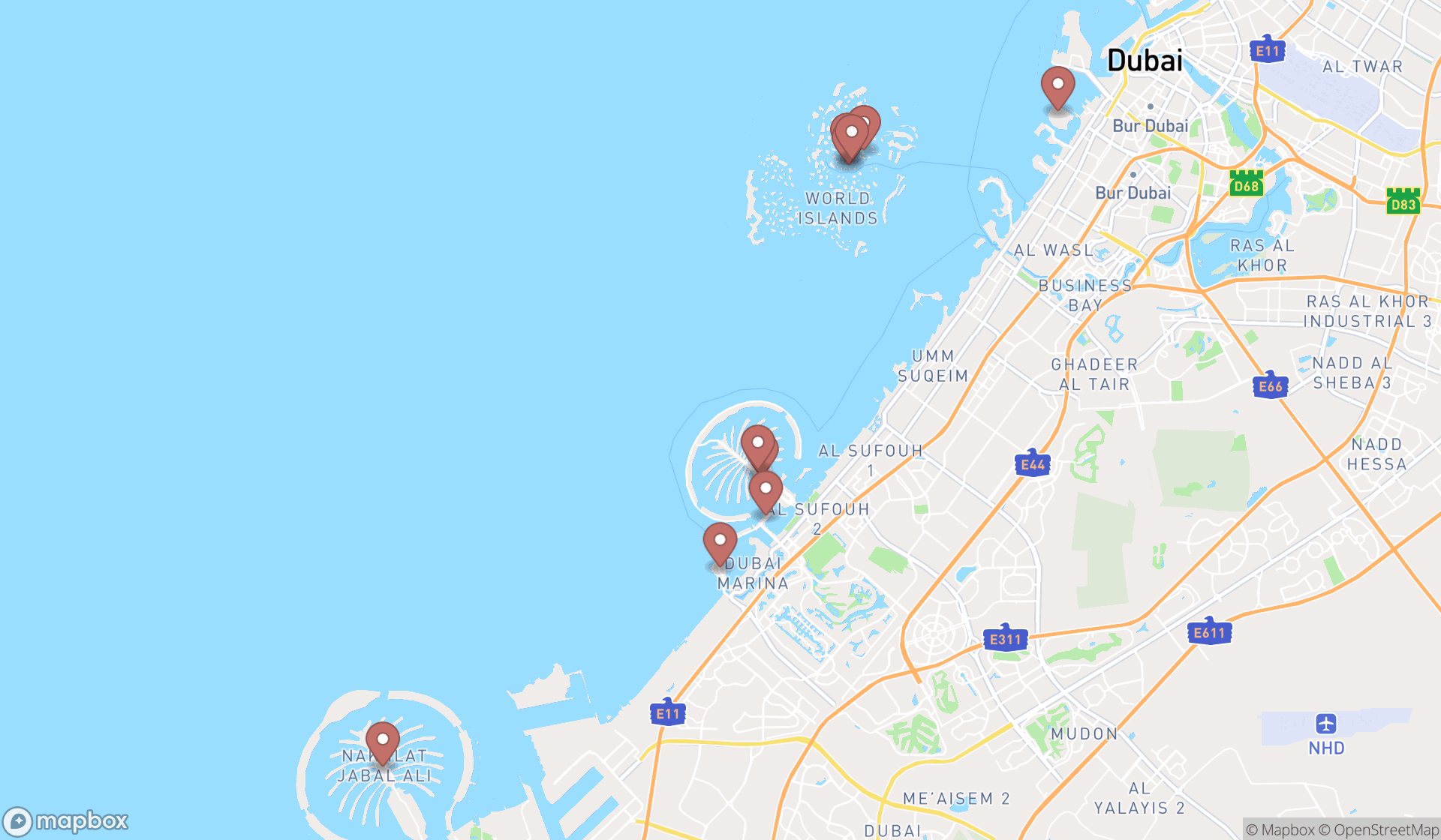 Map showing the ranked islands in Dubai, Dubai