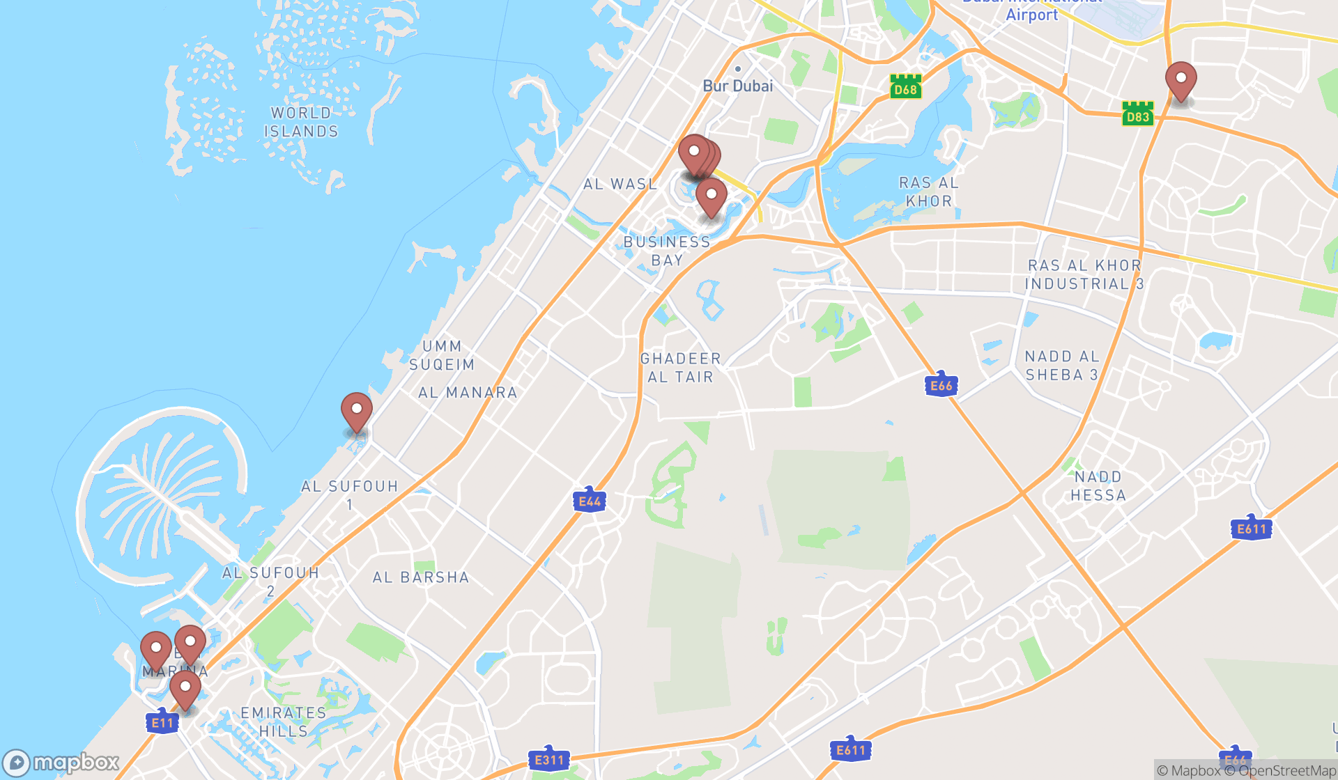 Map showing the ranked italian restaurants in Dubai, Dubai
