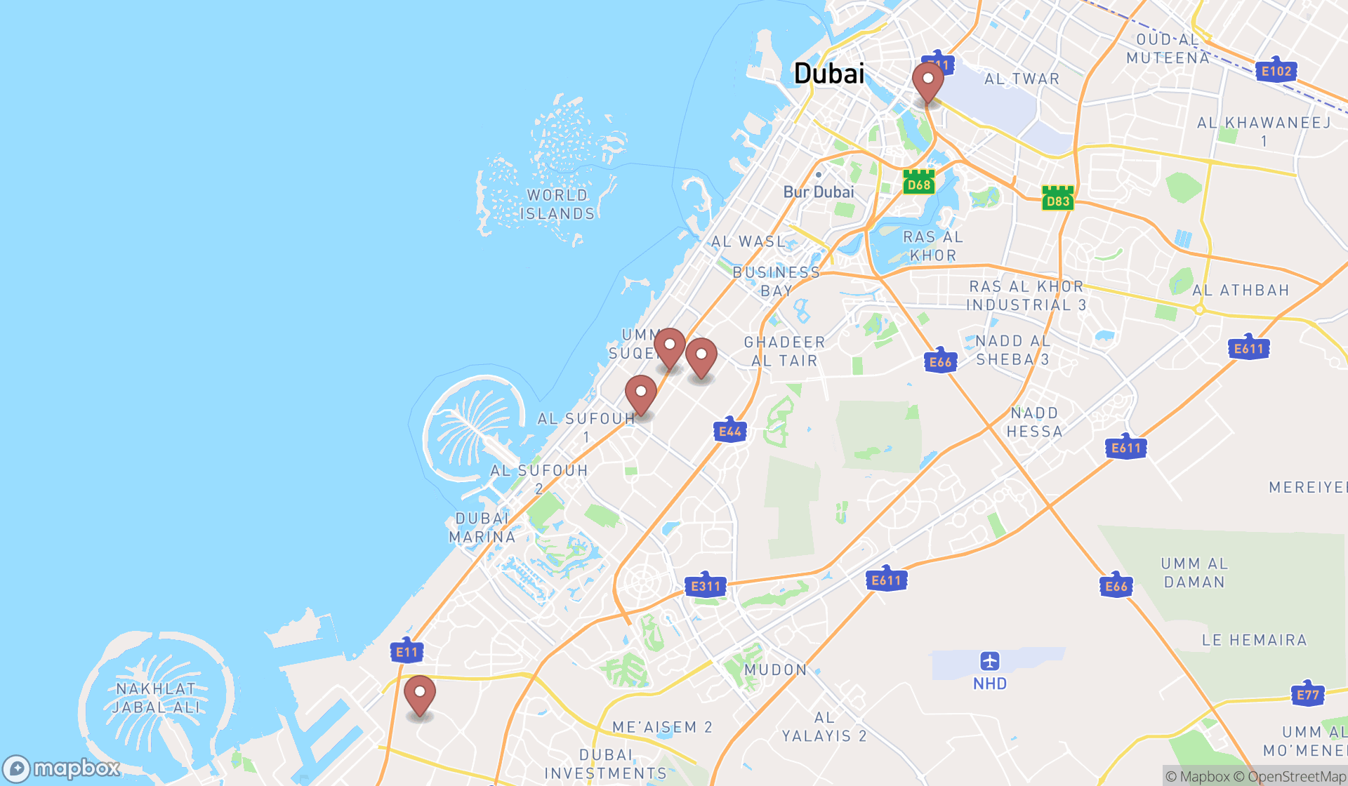 Map showing the ranked jaguar dealers in Dubai, Dubai