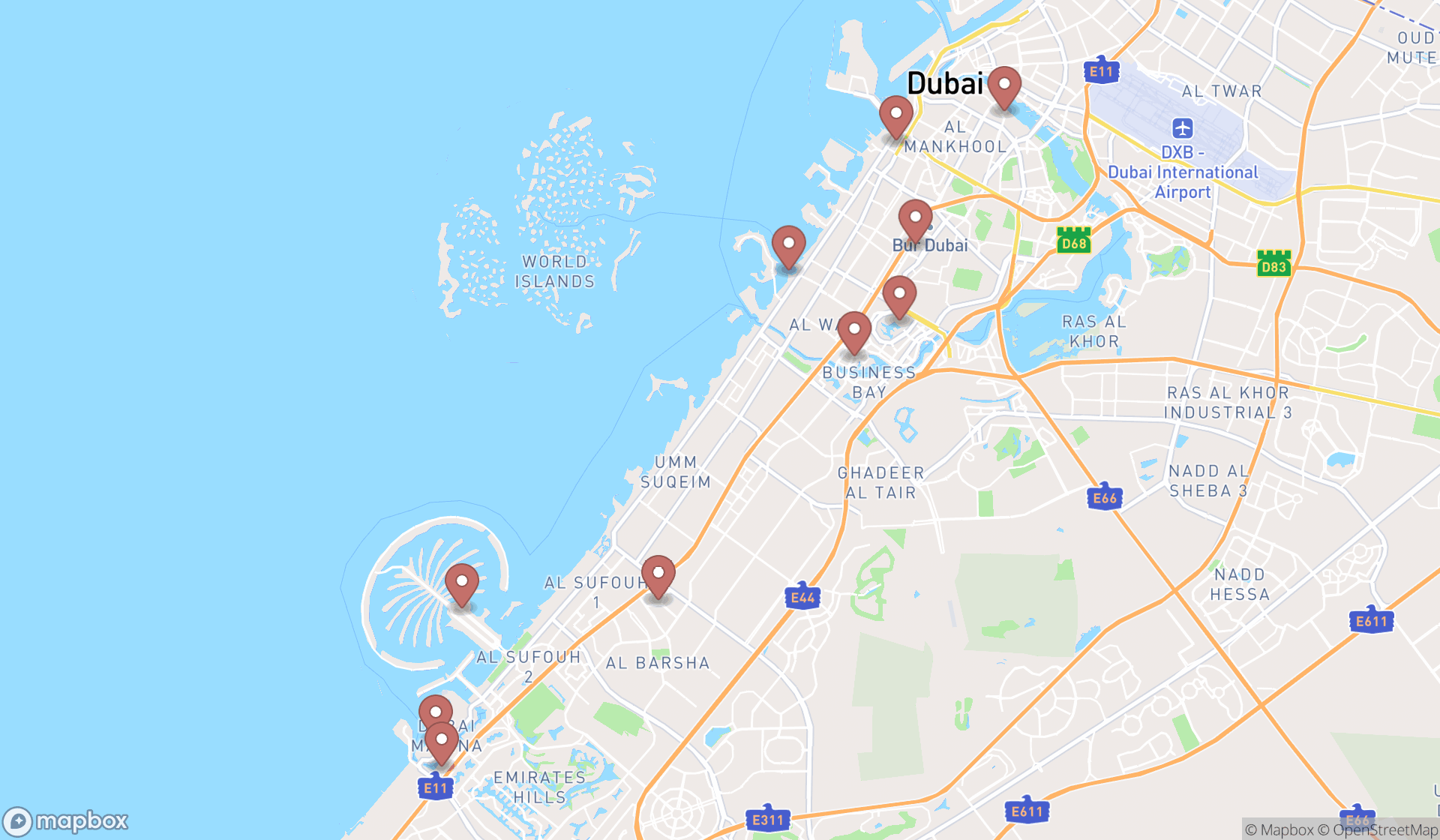 Map showing the ranked japanese restaurants in Dubai, Dubai