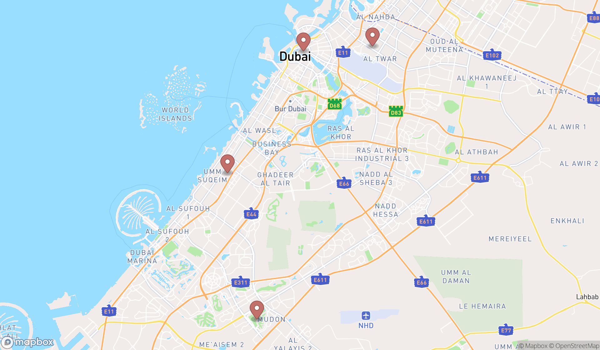 Map showing the ranked judo clubs in Dubai, Dubai