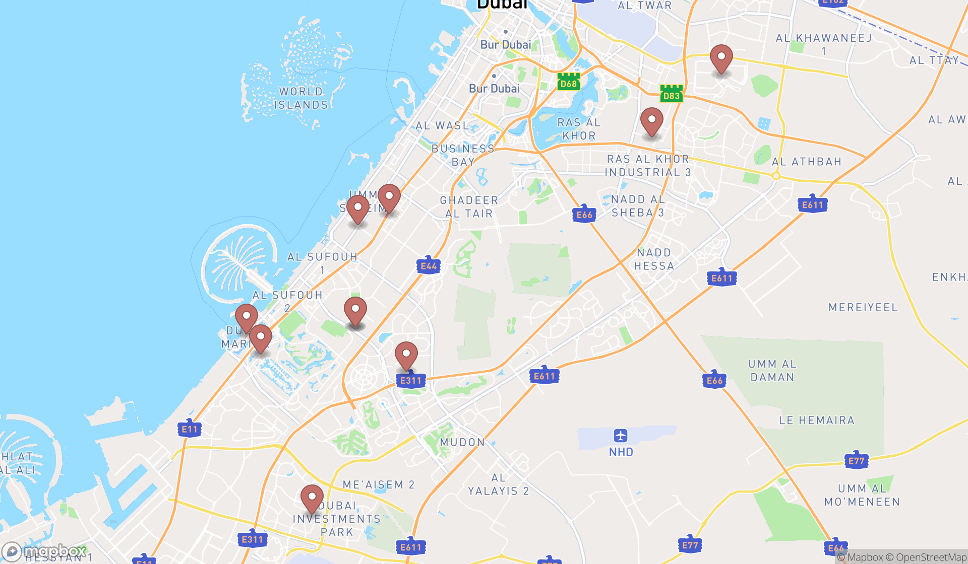 Map showing the ranked jujitsu schools in Dubai, Dubai