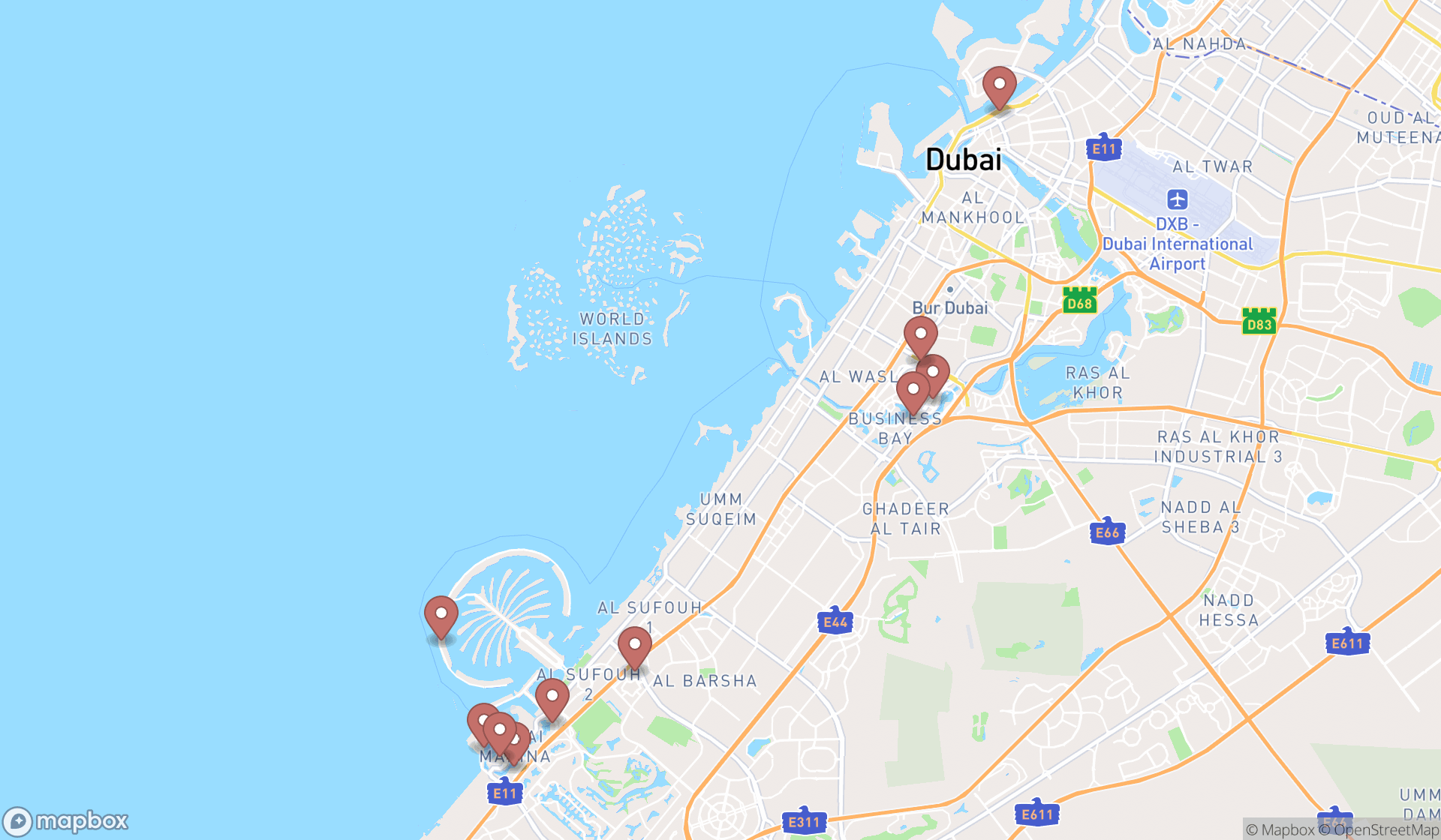 Map showing the ranked karaoke bars in Dubai, Dubai