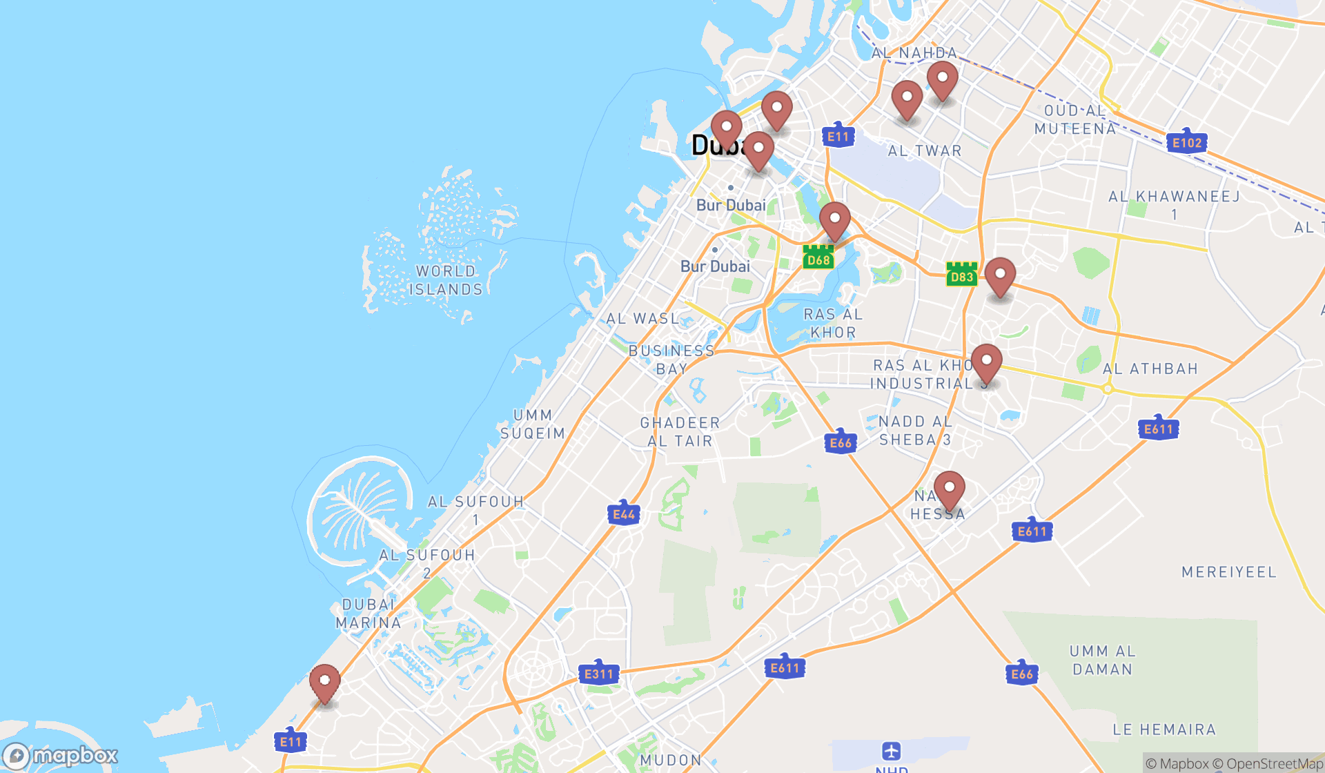 Map showing the ranked karate clubs in Dubai, Dubai