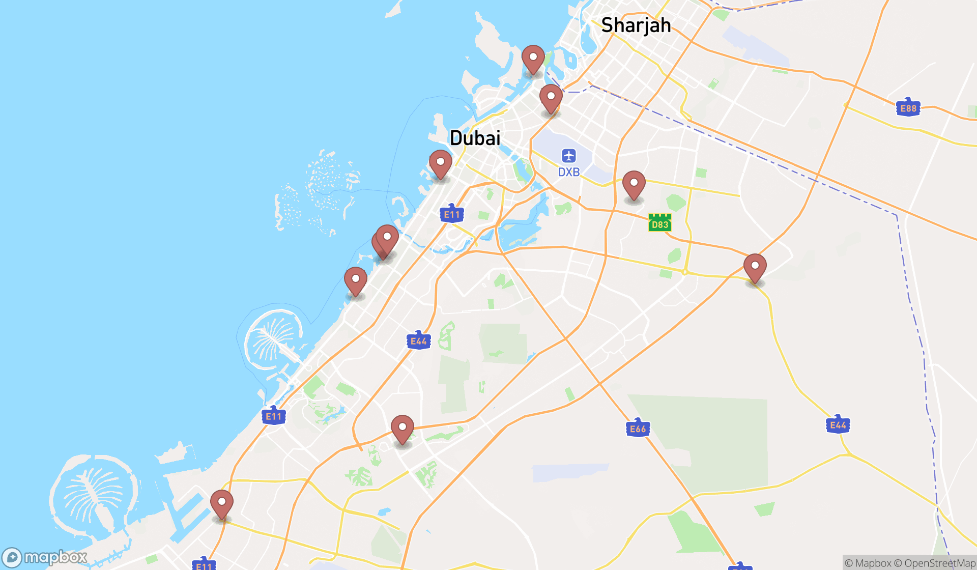 Map showing the ranked kebab shops in Dubai, Dubai