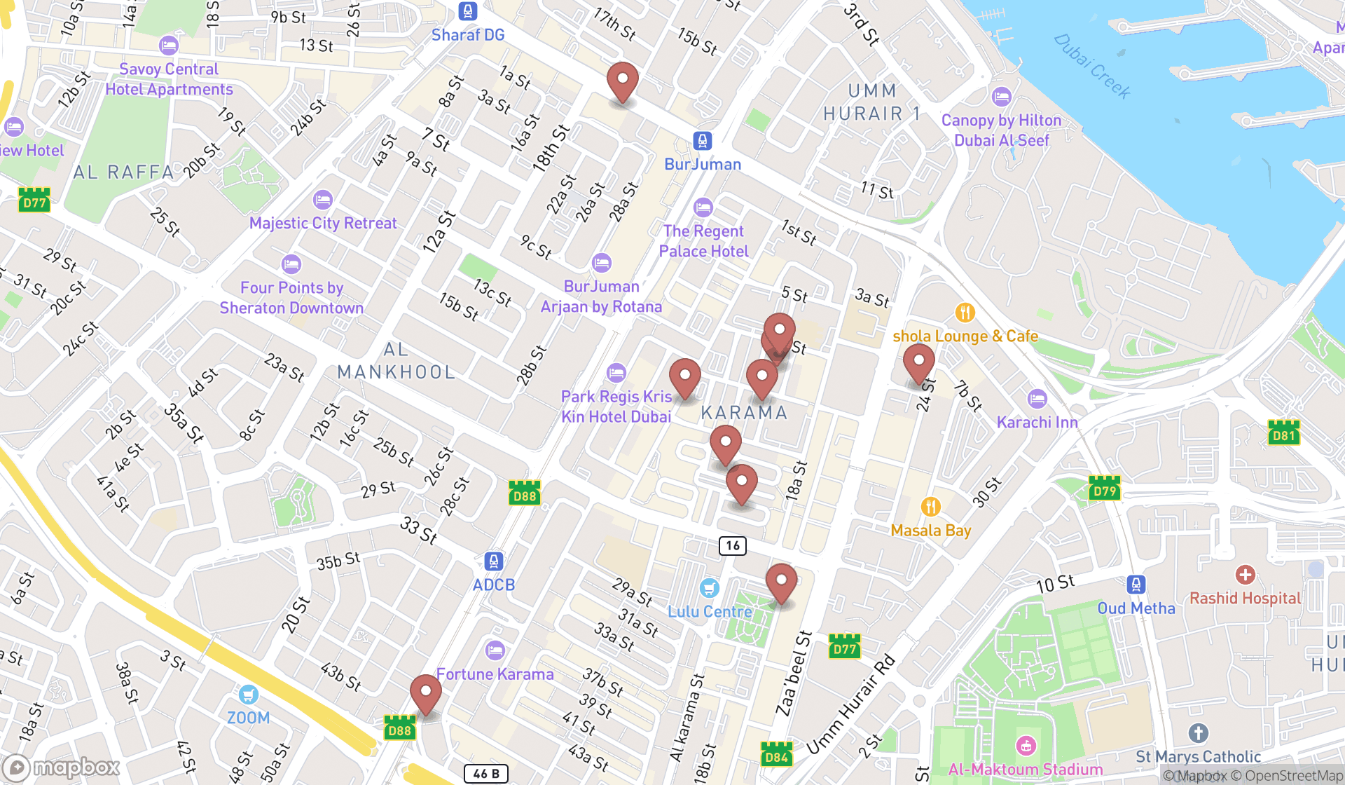 Map showing the ranked kerala restaurants in Dubai, Dubai