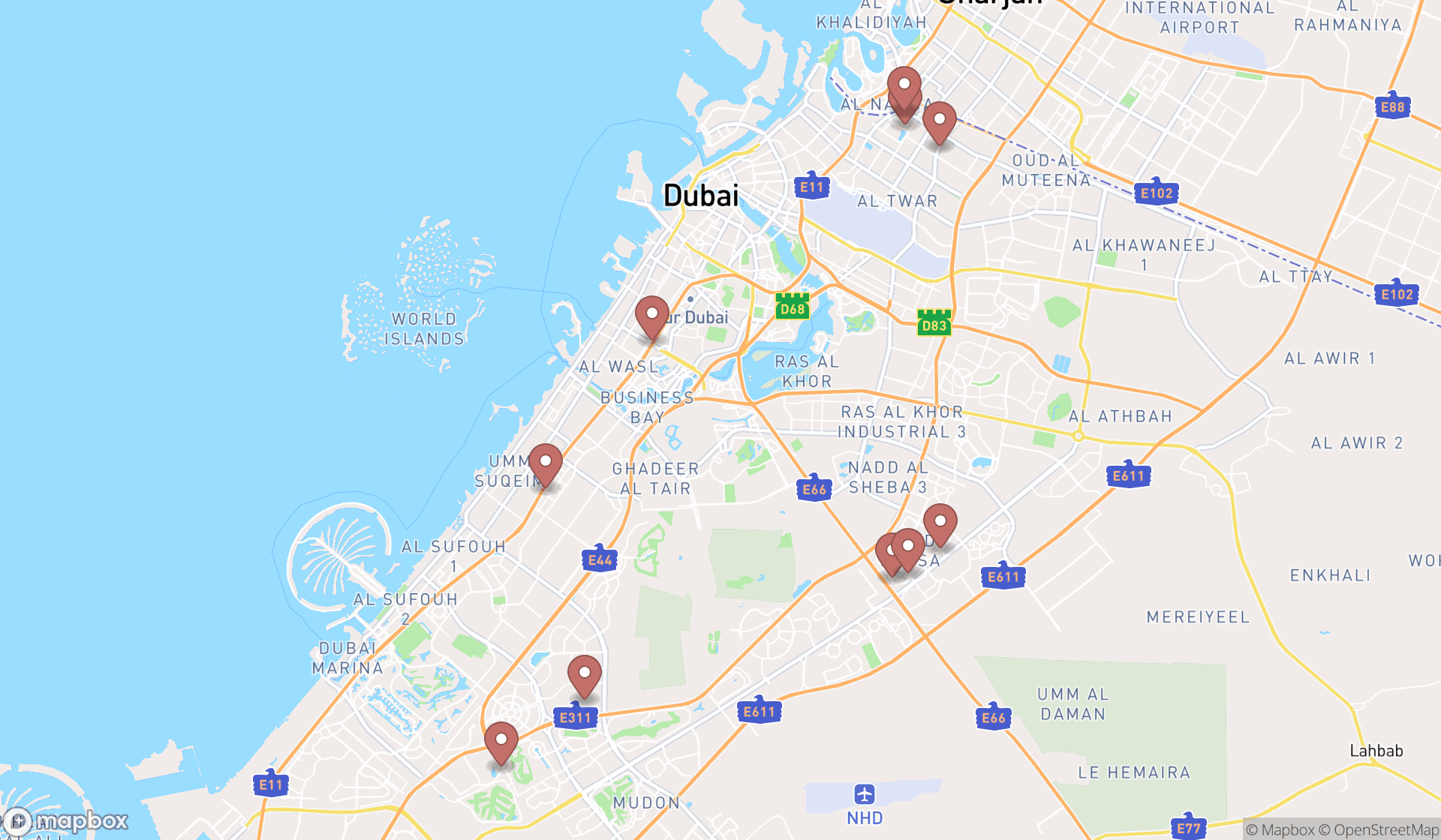 Map showing the ranked kickboxing schools in Dubai, Dubai