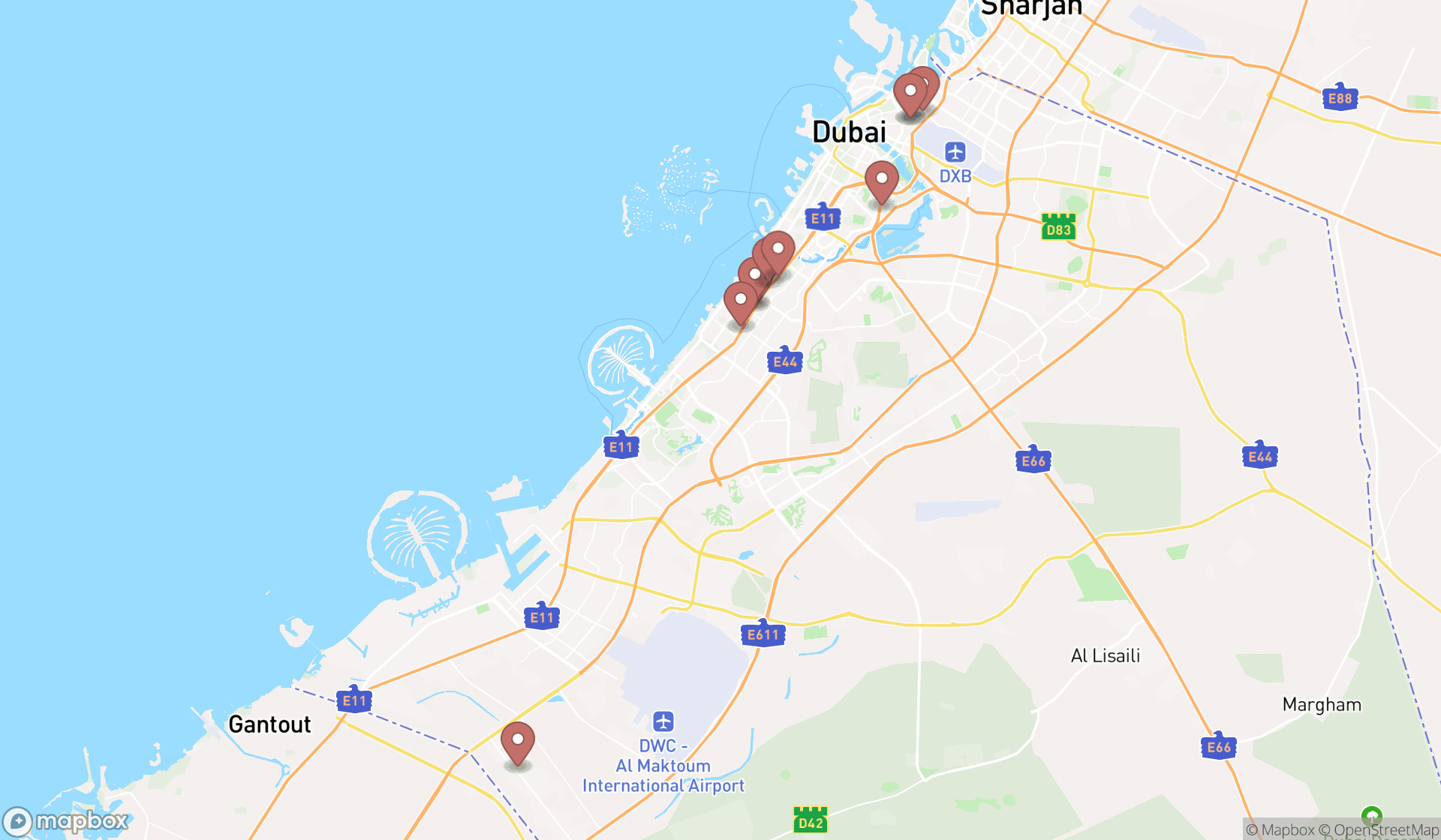 Map showing the ranked kitchen furniture stores in Dubai, Dubai