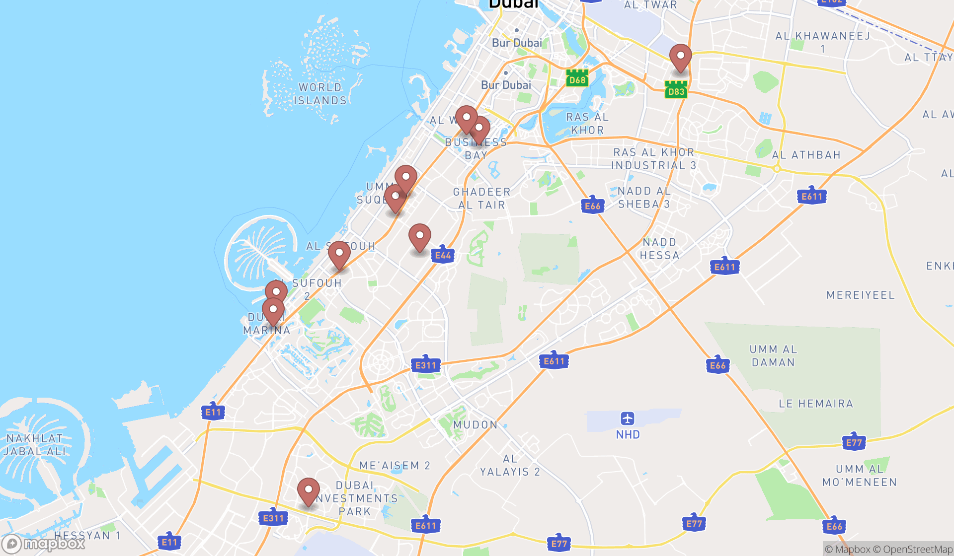 Map showing the ranked kitchen remodelers in Dubai, Dubai
