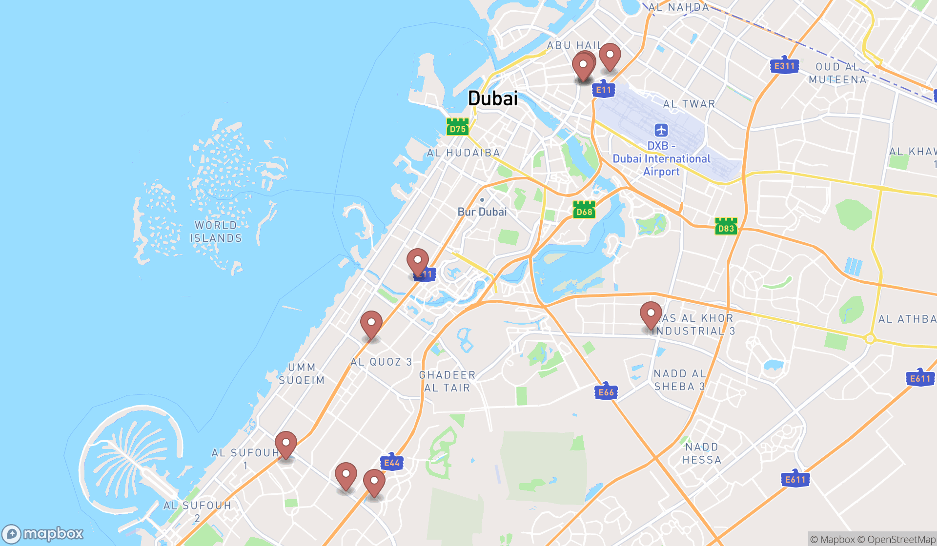 Map showing the ranked kitchen supply stores in Dubai, Dubai