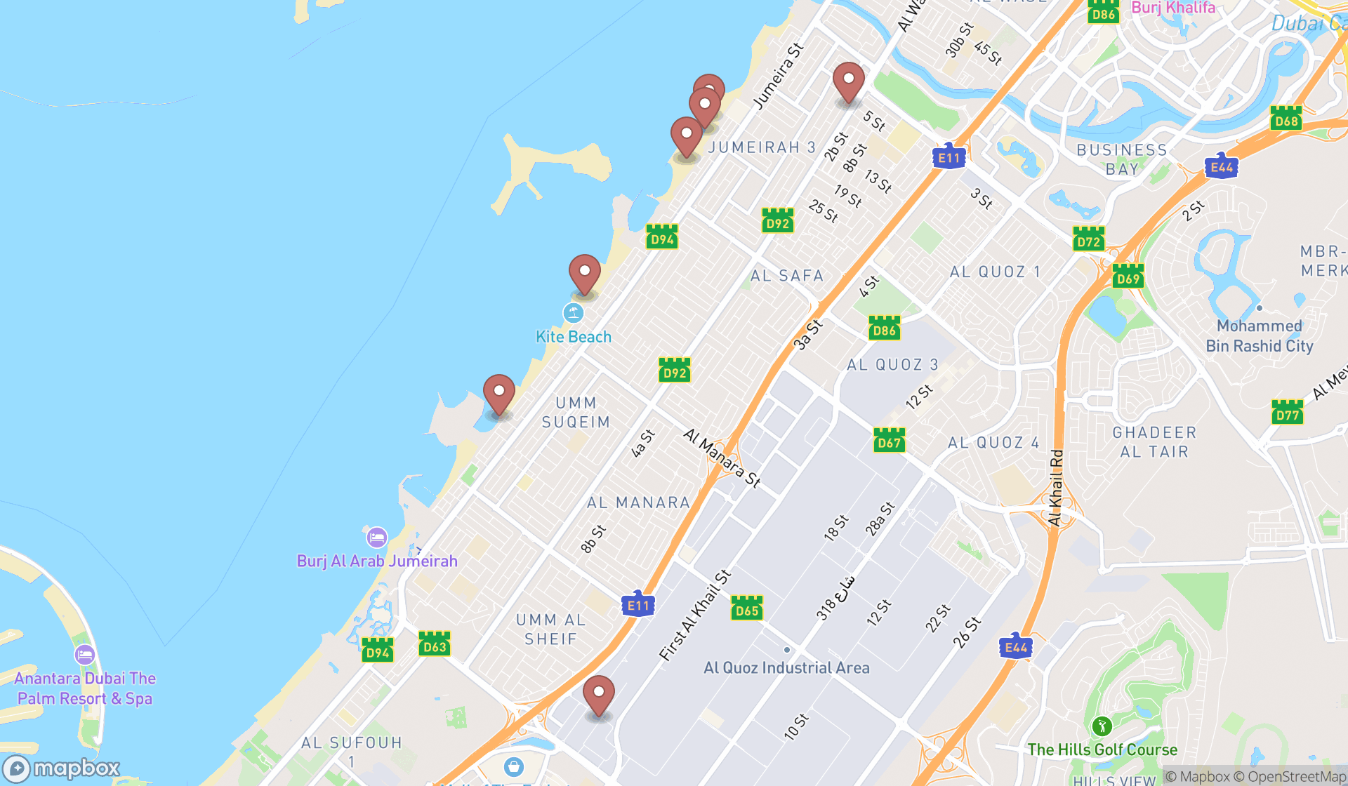 Map showing the ranked kite shops in Dubai, Dubai