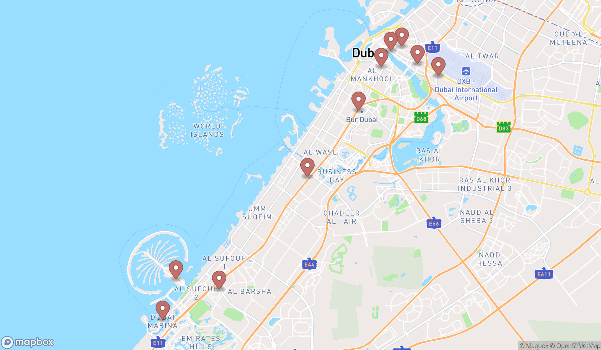 Map showing the ranked korean barbecue restaurants in Dubai, Dubai