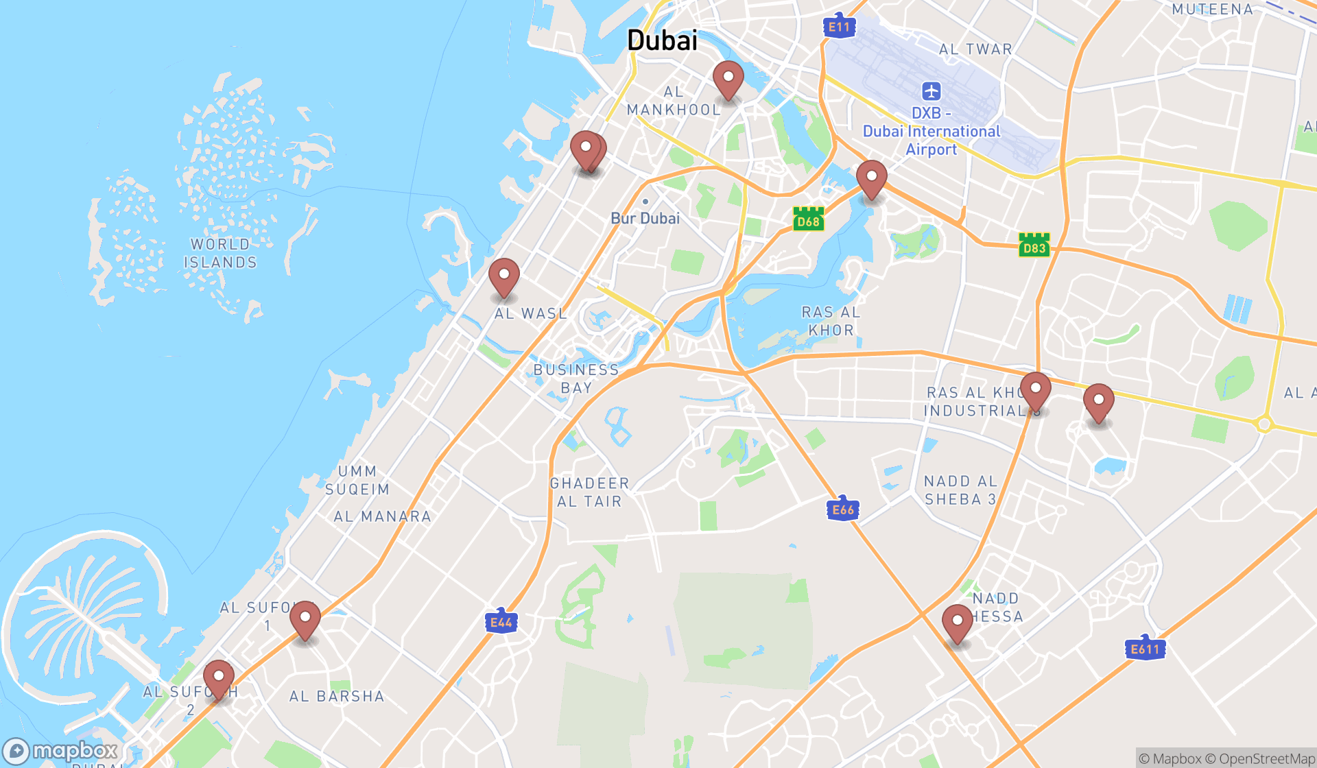 Map showing the ranked korean grocery stores in Dubai, Dubai