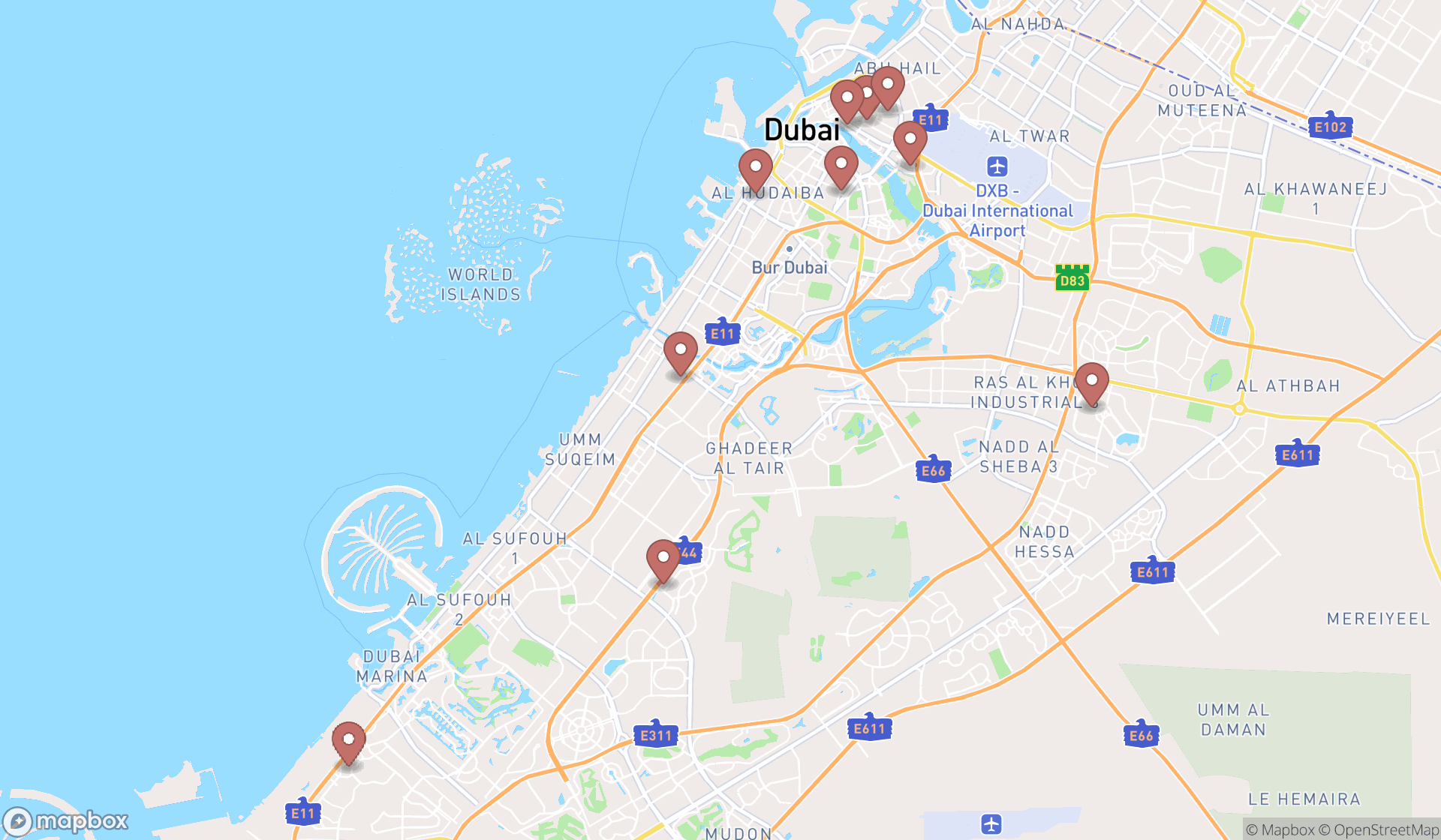 Map showing the ranked korean restaurants in Dubai, Dubai