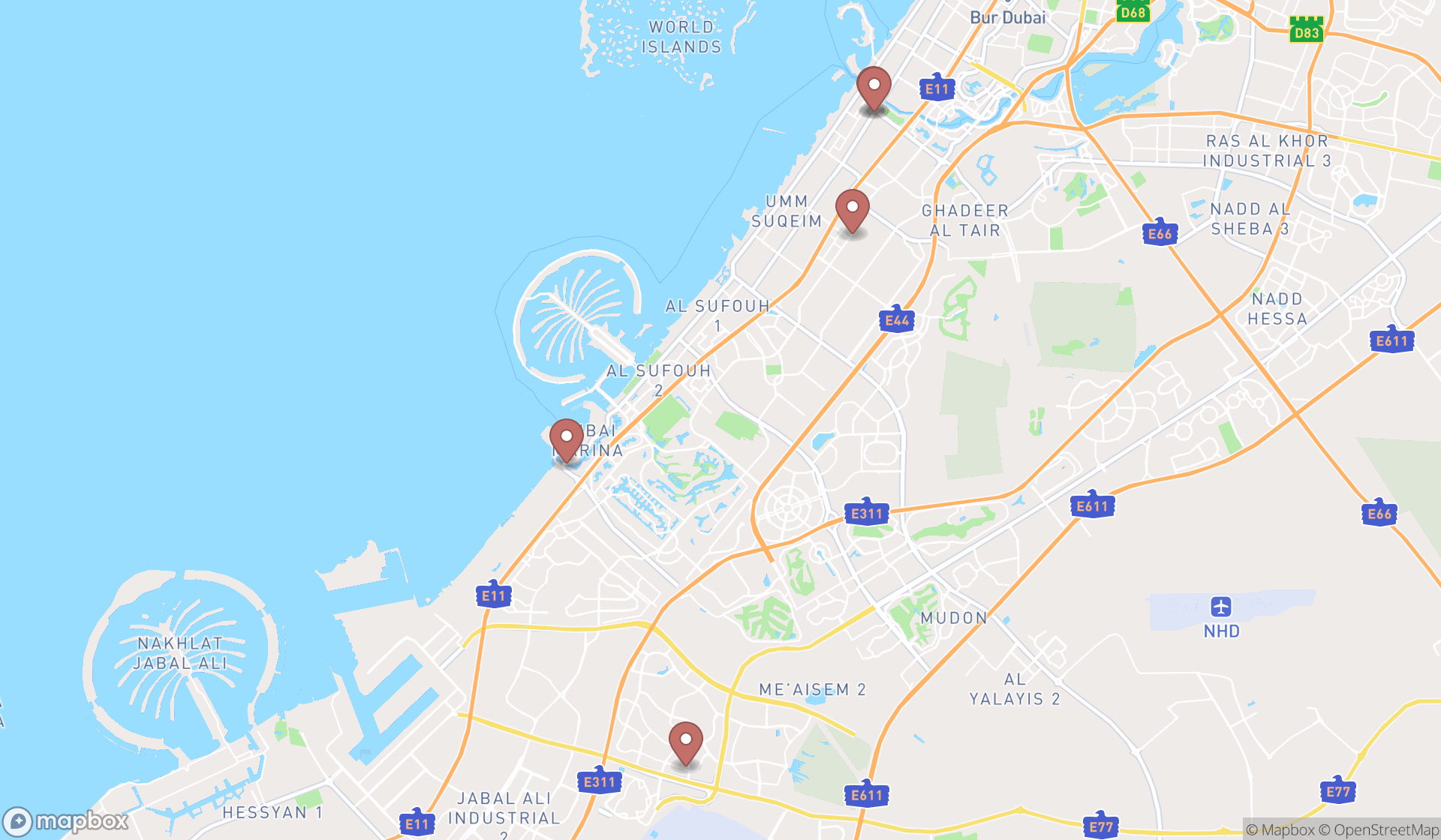 Map showing the ranked kosher grocery stores in Dubai, Dubai