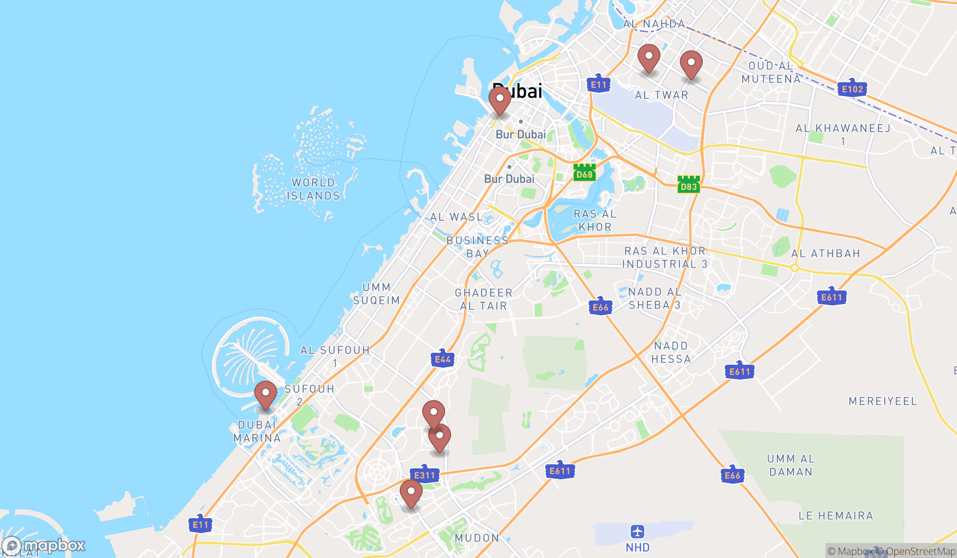 Map showing the ranked kung fu schools in Dubai, Dubai