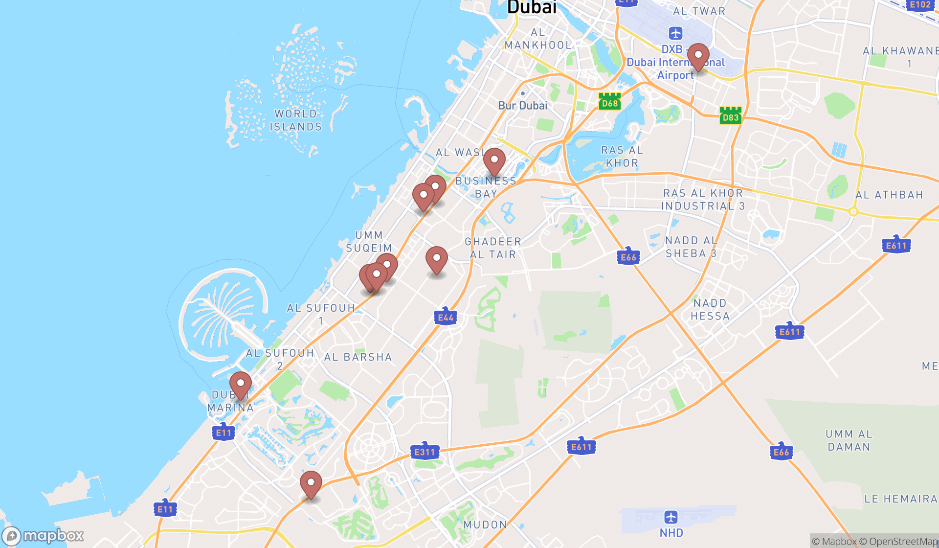 Map showing the ranked lamborghini dealers in Dubai, Dubai