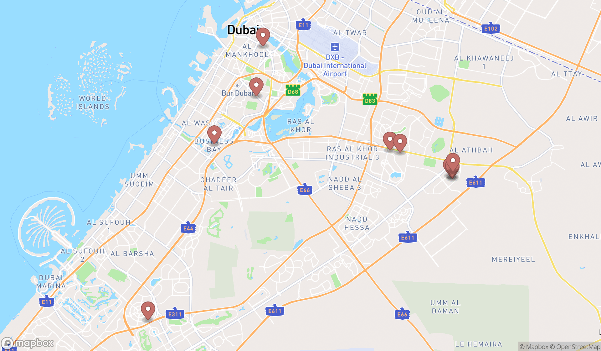 Map showing the ranked landscaping supply stores in Dubai, Dubai