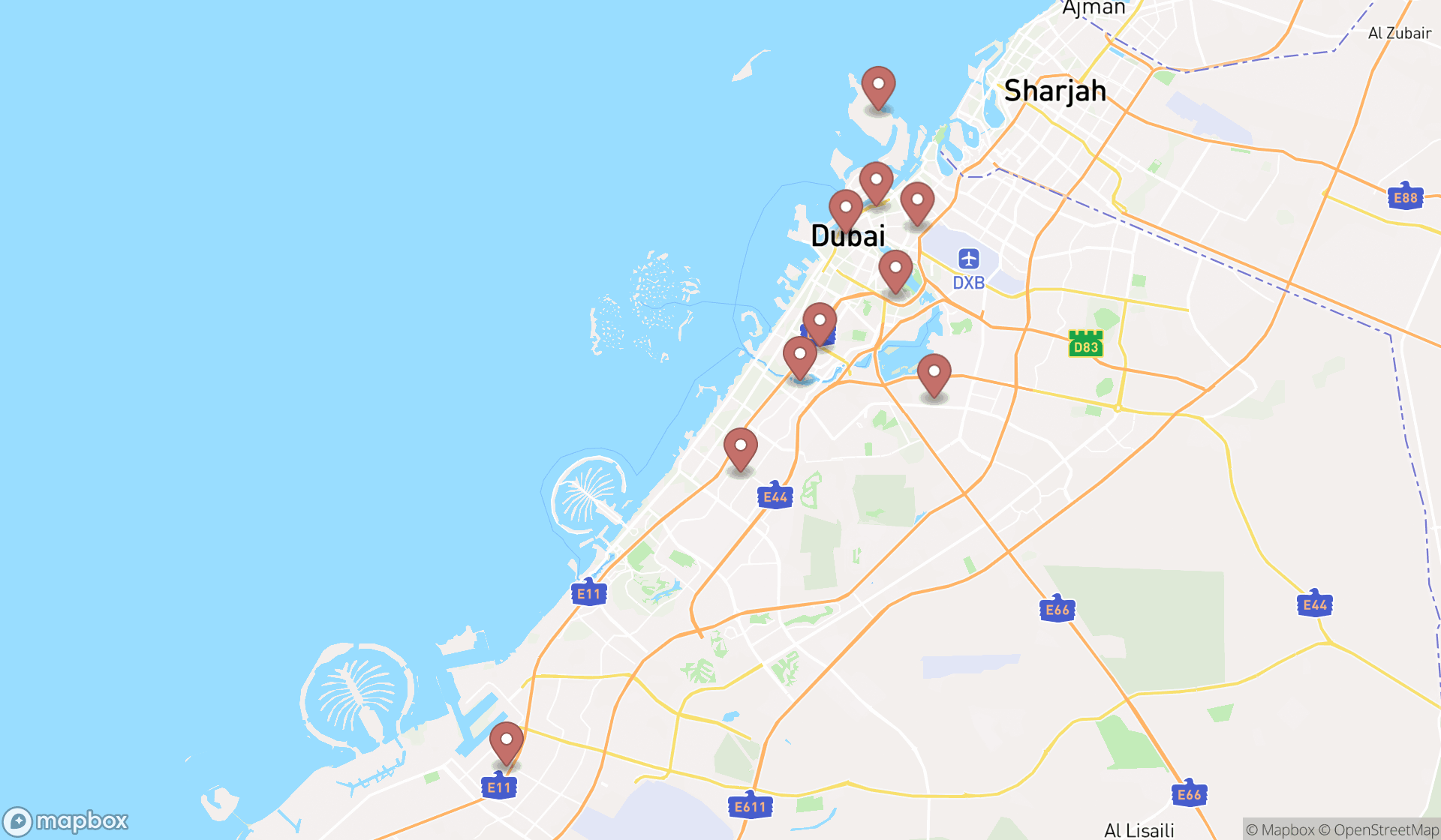 Map showing the ranked laser equipment suppliers in Dubai, Dubai