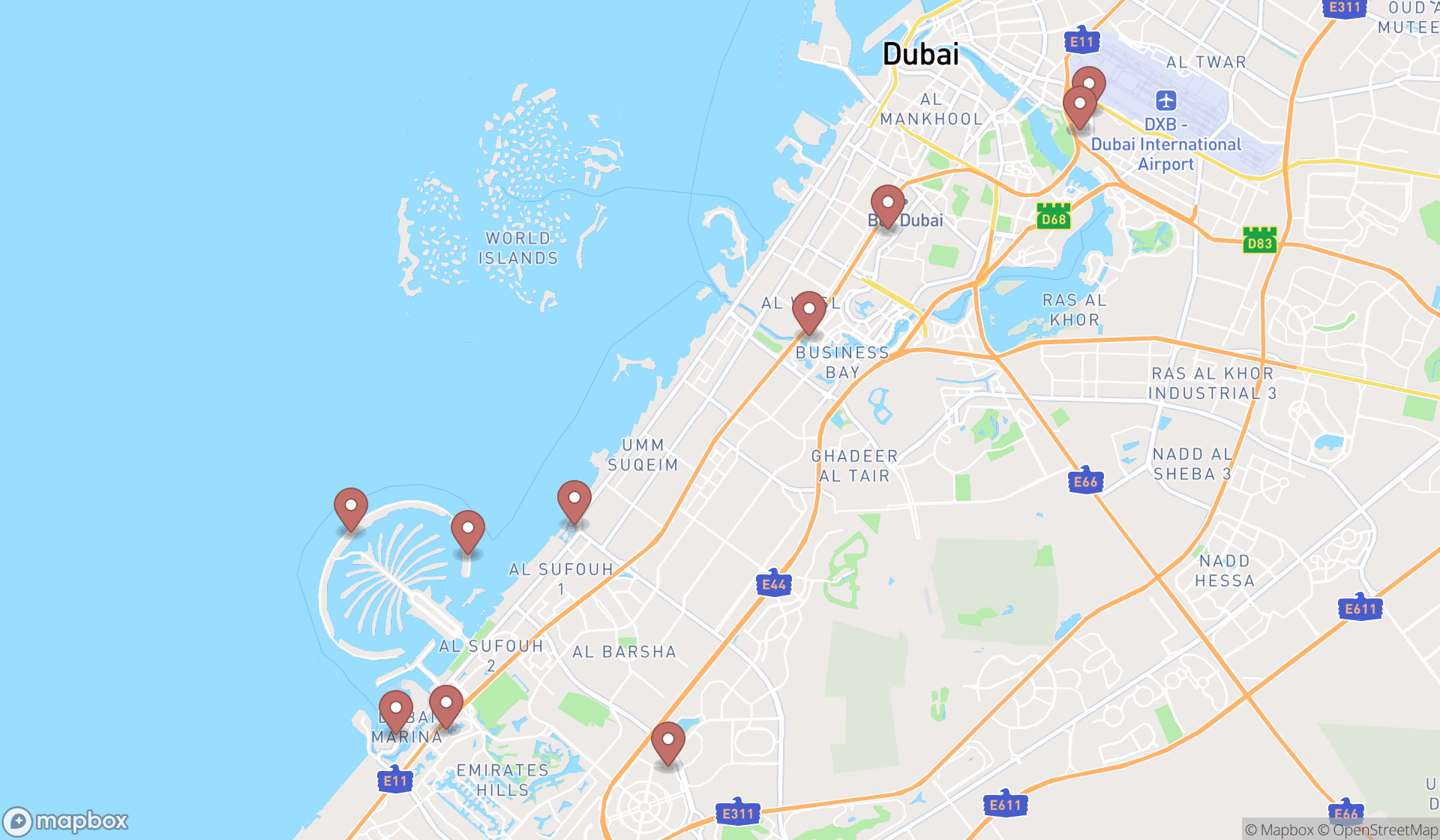 Map showing the ranked latin american restaurants in Dubai, Dubai