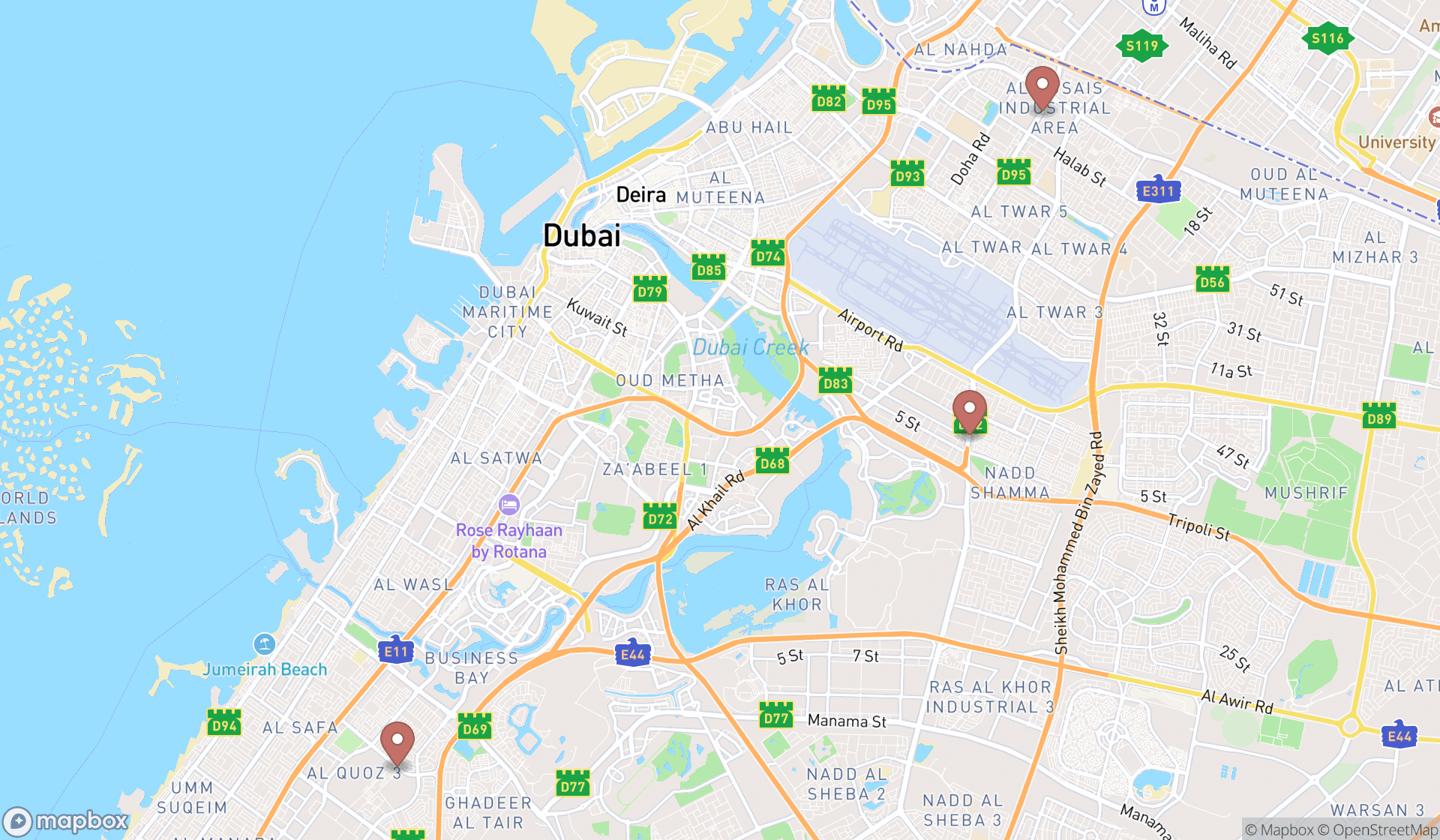 Map showing the ranked lawn equipment rental services in Dubai, Dubai