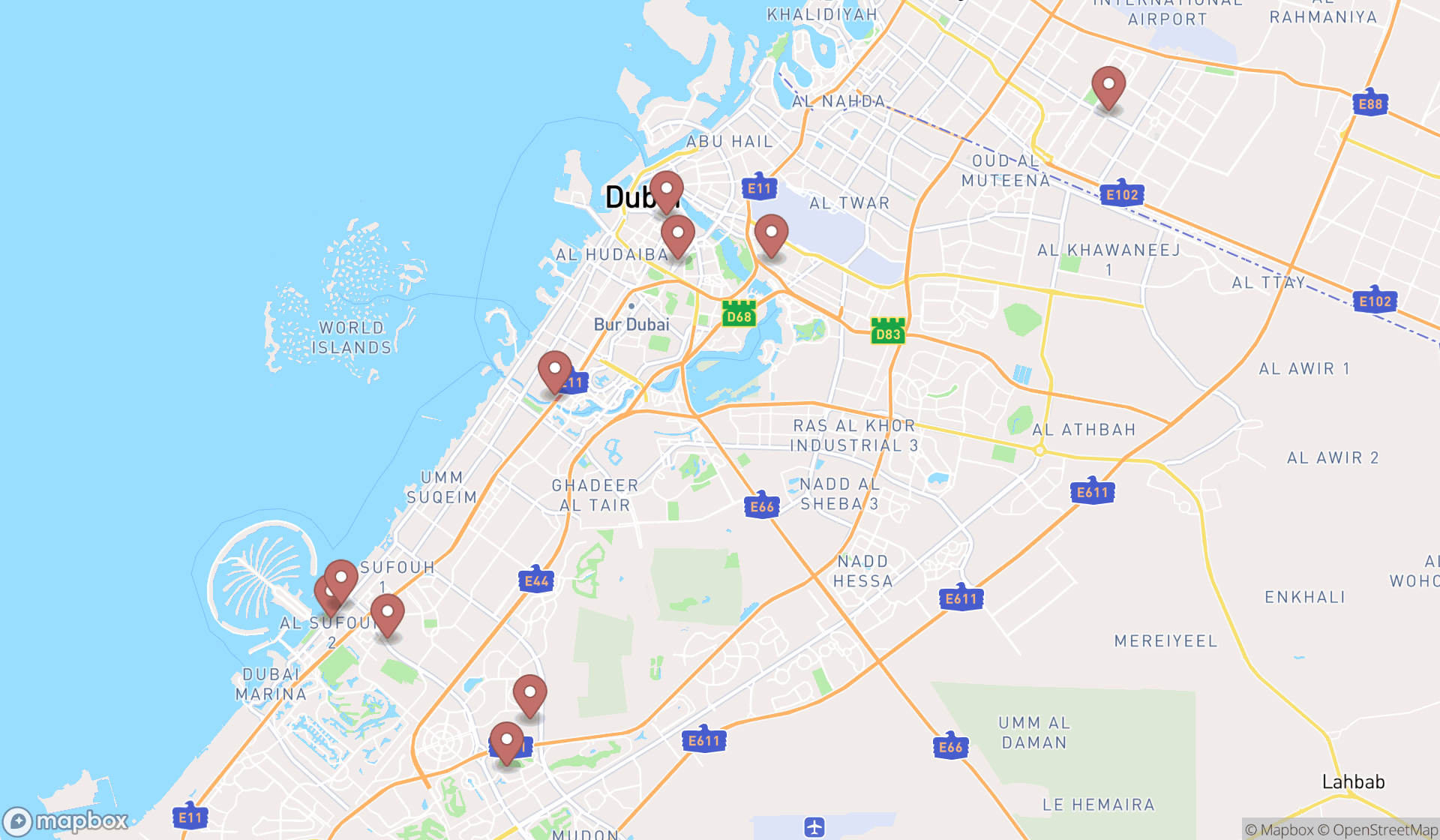 Map showing the ranked learning centers in Dubai, Dubai