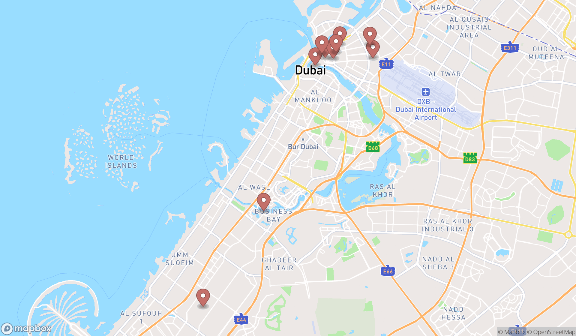 Map showing the ranked leather goods suppliers in Dubai, Dubai