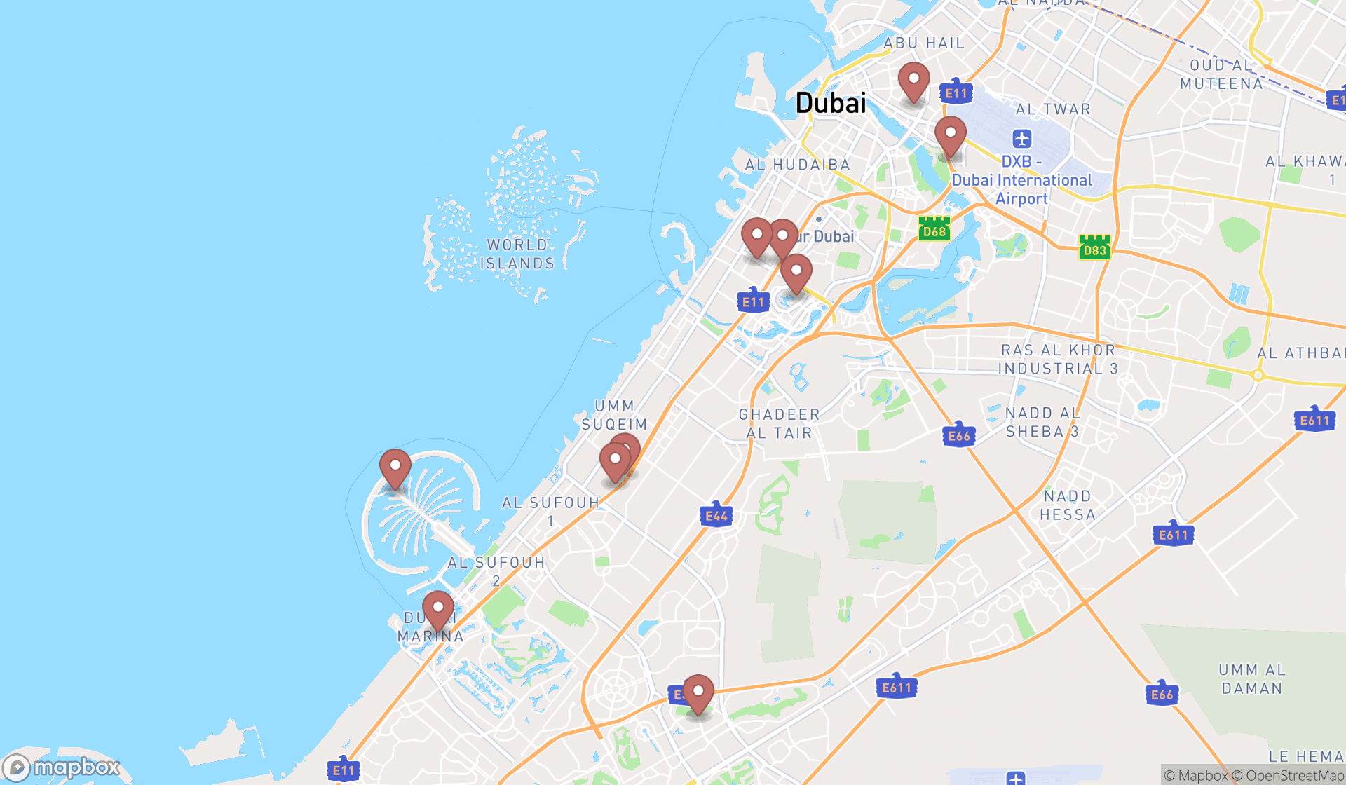 Map showing the ranked lebanese restaurants in Dubai, Dubai