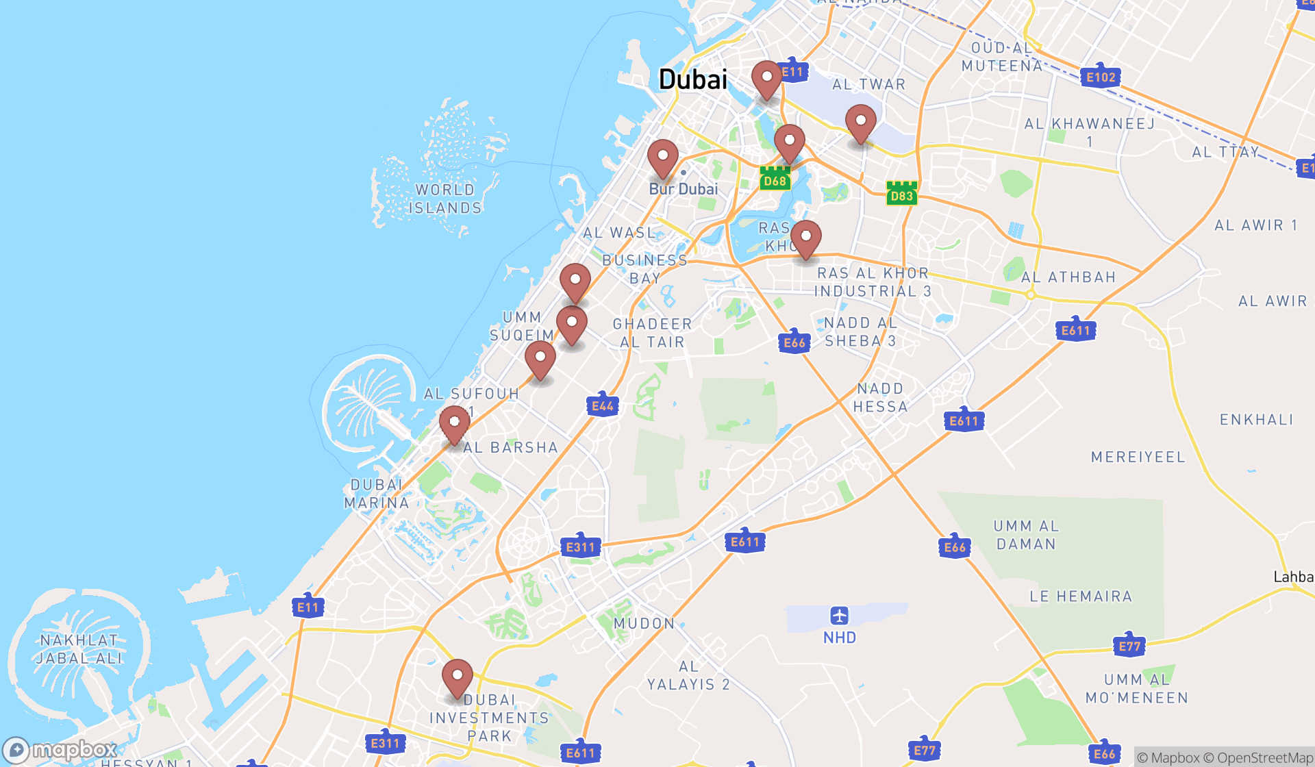 Map showing the ranked lighting contractors in Dubai, Dubai