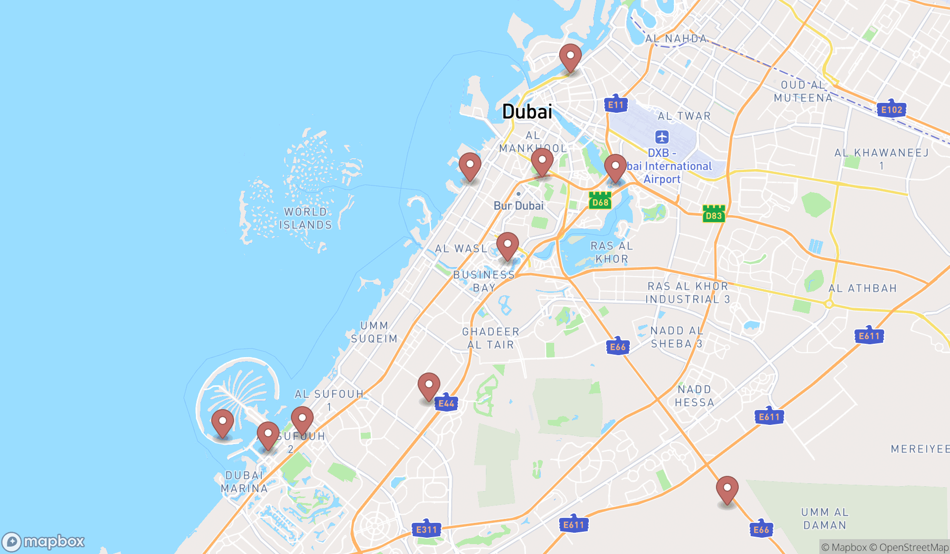 Map showing the ranked live music venues in Dubai, Dubai