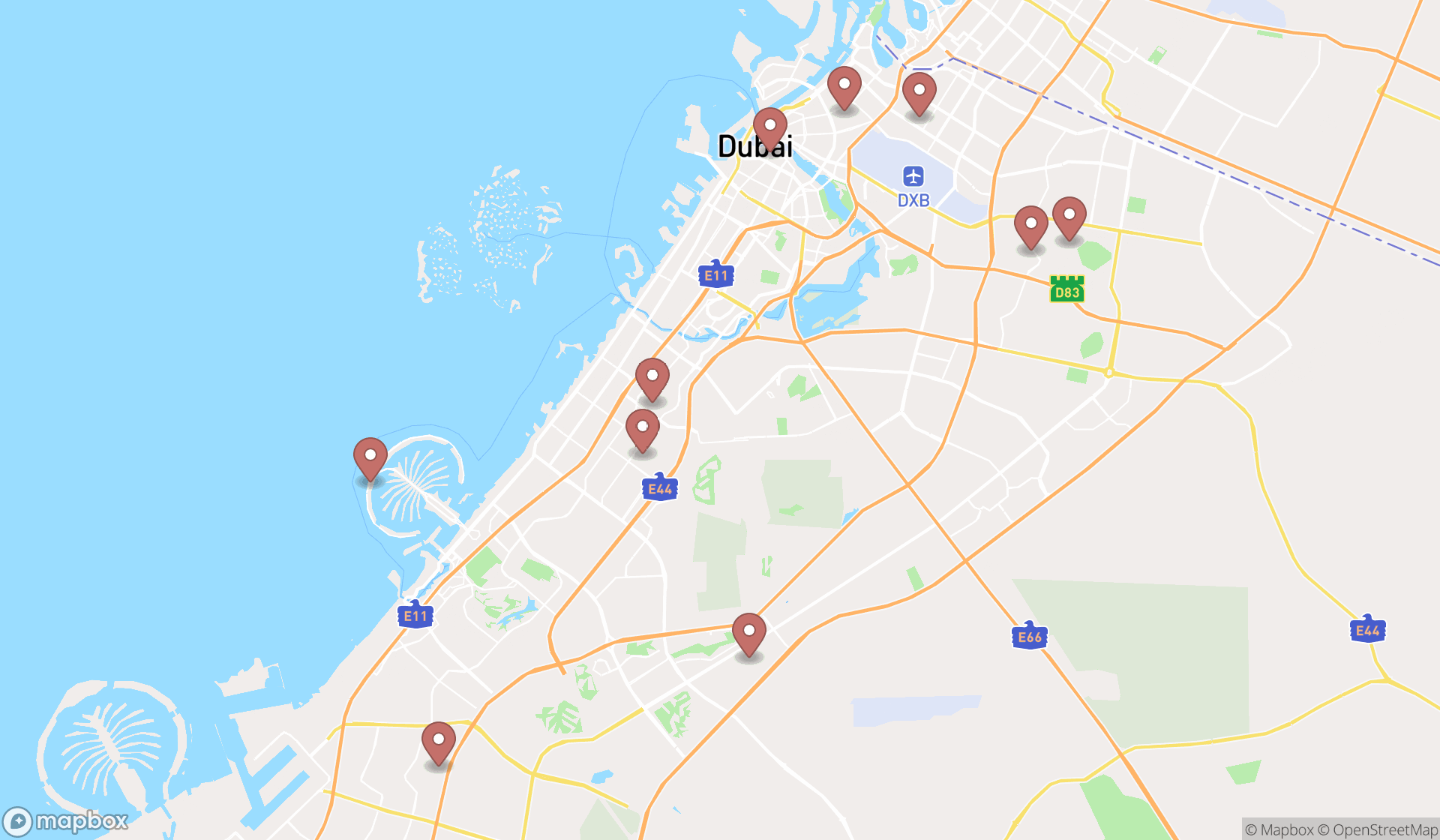 Map showing the ranked lodges in Dubai, Dubai