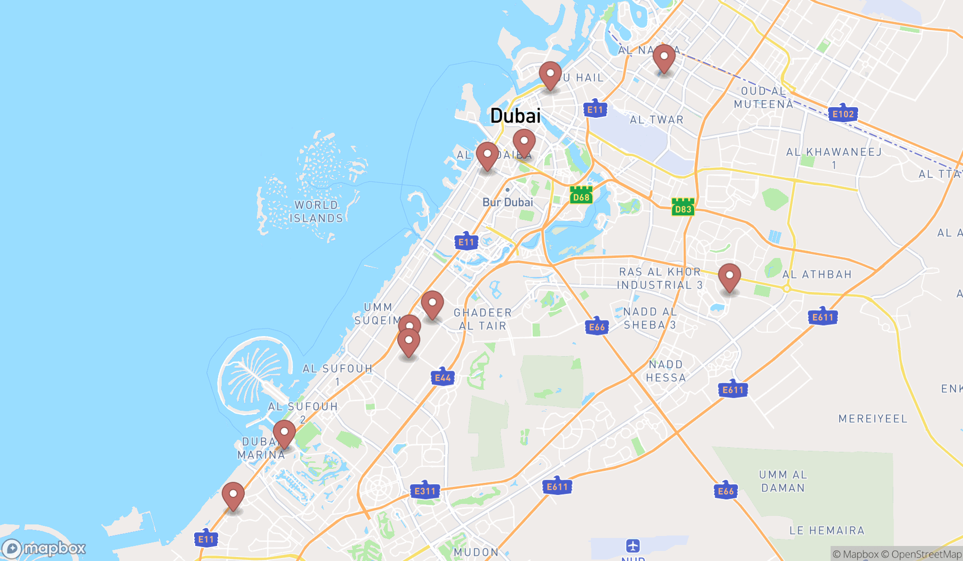Map showing the ranked logistics services in Dubai, Dubai