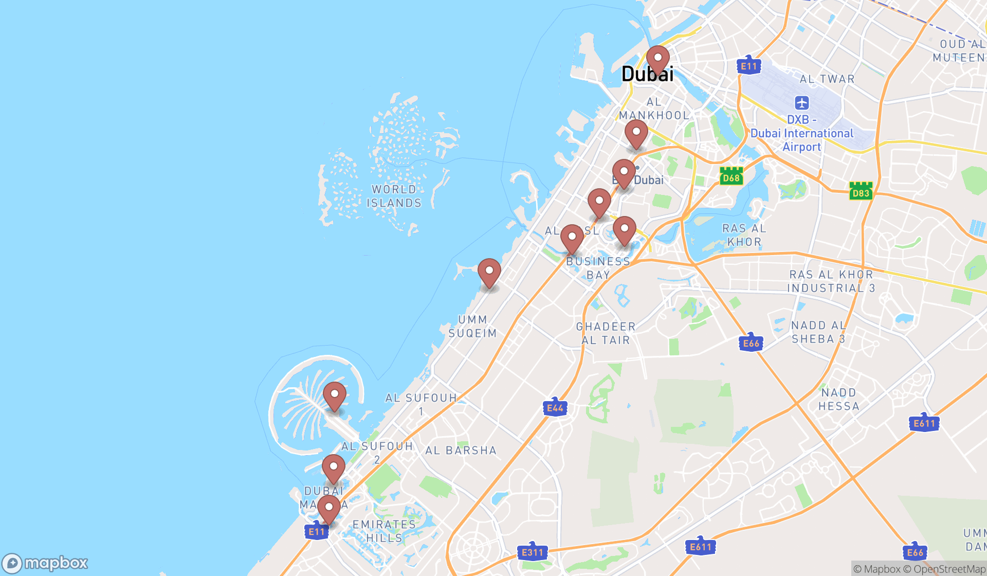 Map showing the ranked lounges in Dubai, Dubai